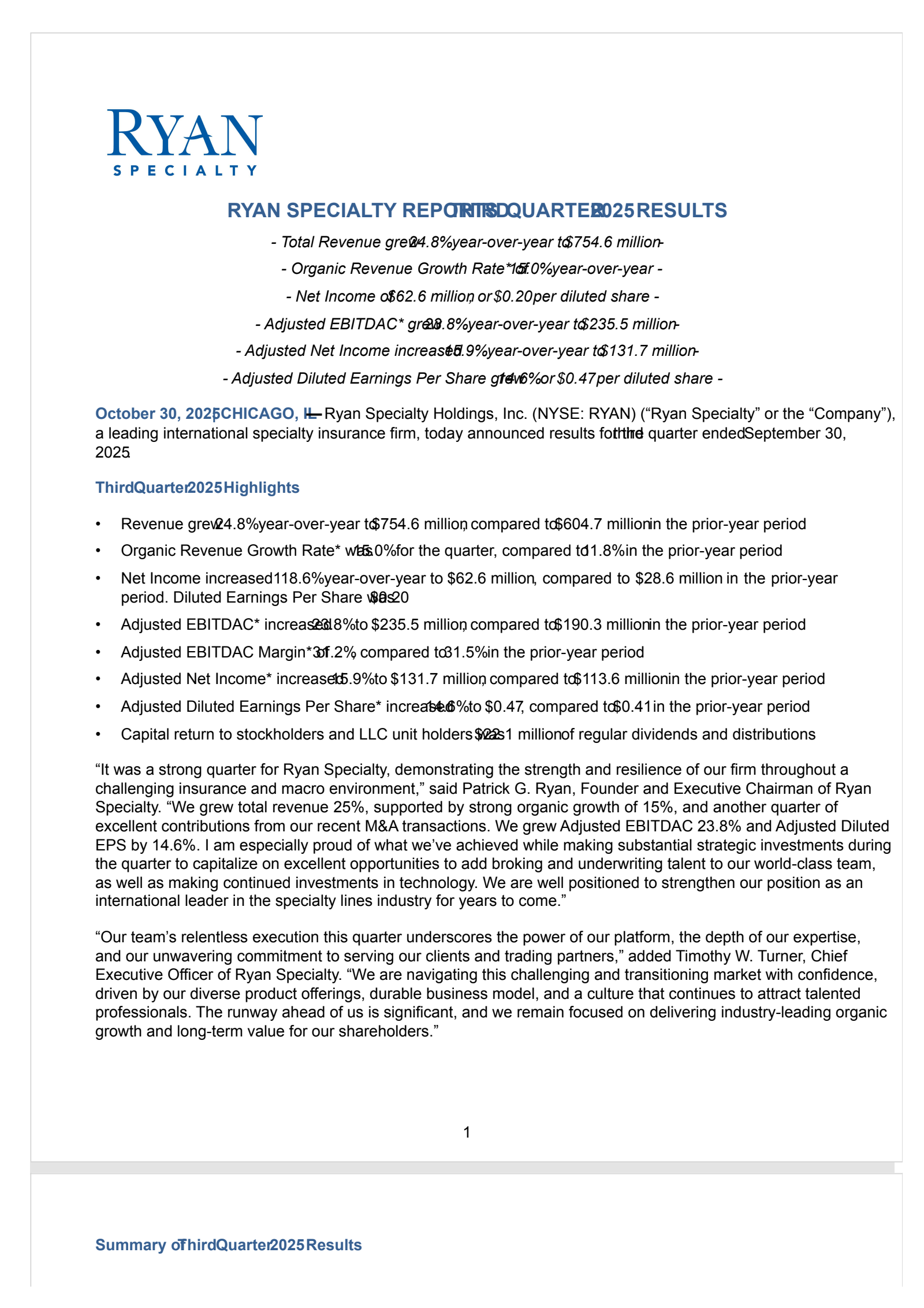 Ryan Specialty's Q3 2025 Earnings Release