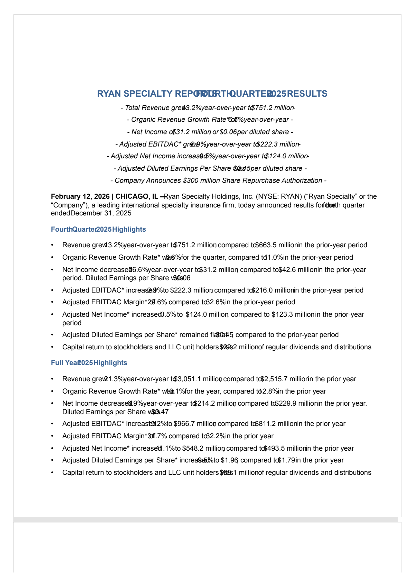 Ryan Specialty's Q4 2025 Press Release