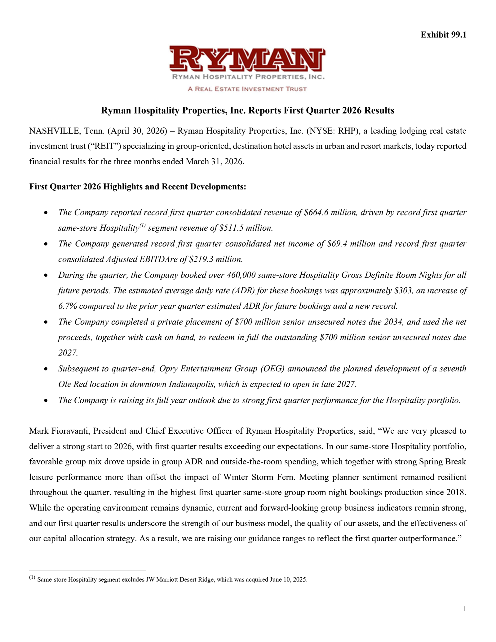 Ryman Hospitality Properties' Q1 2026 Press Release