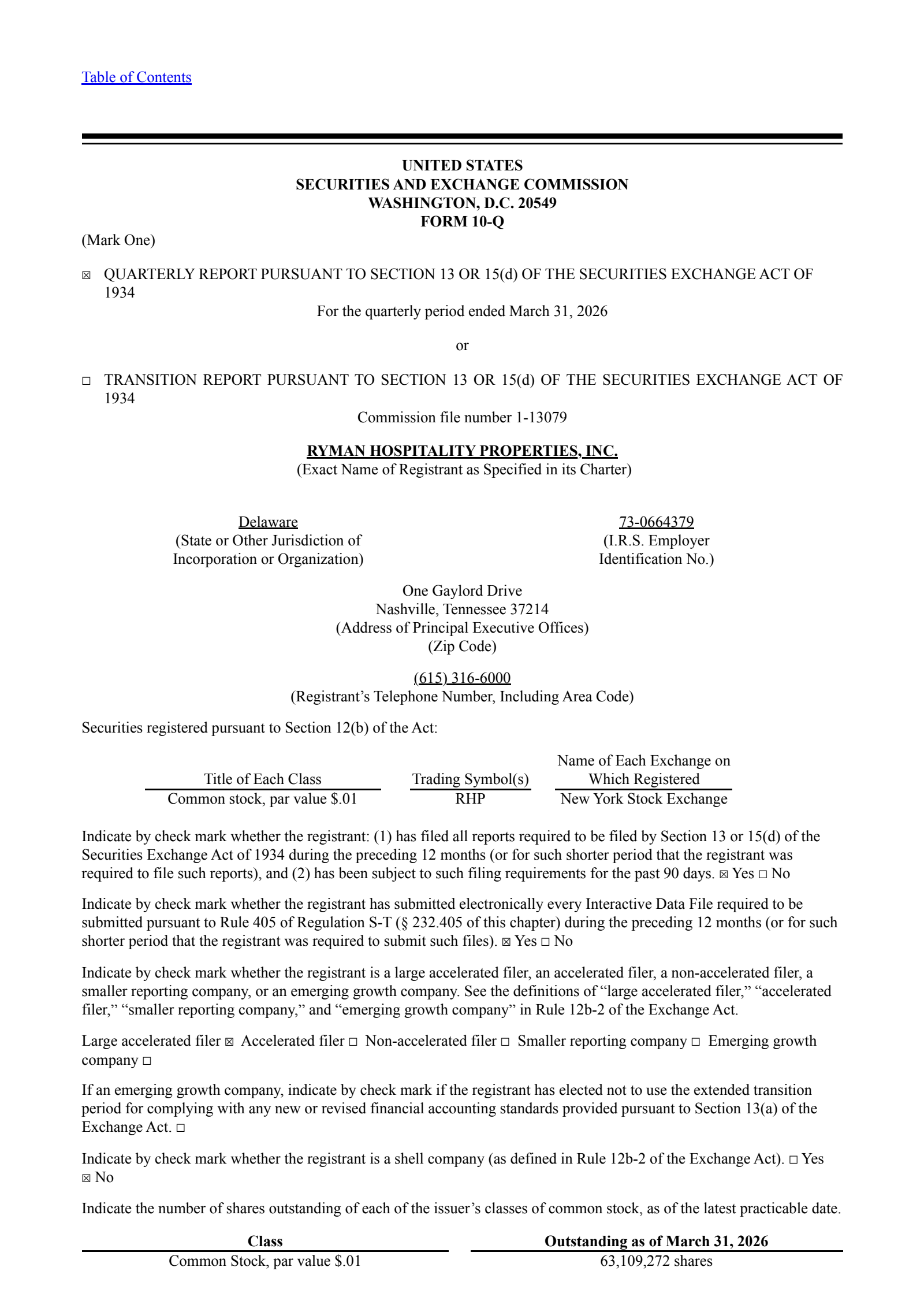 Ryman Hospitality Properties' Q1 2026 Quarterly report
