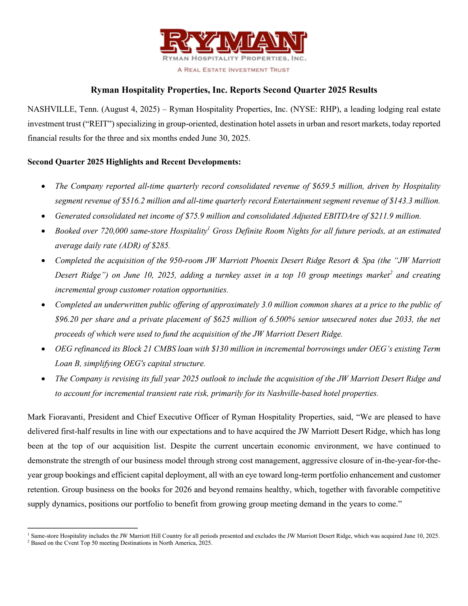 Ryman Hospitality Properties' Q2 2025 Press Release
