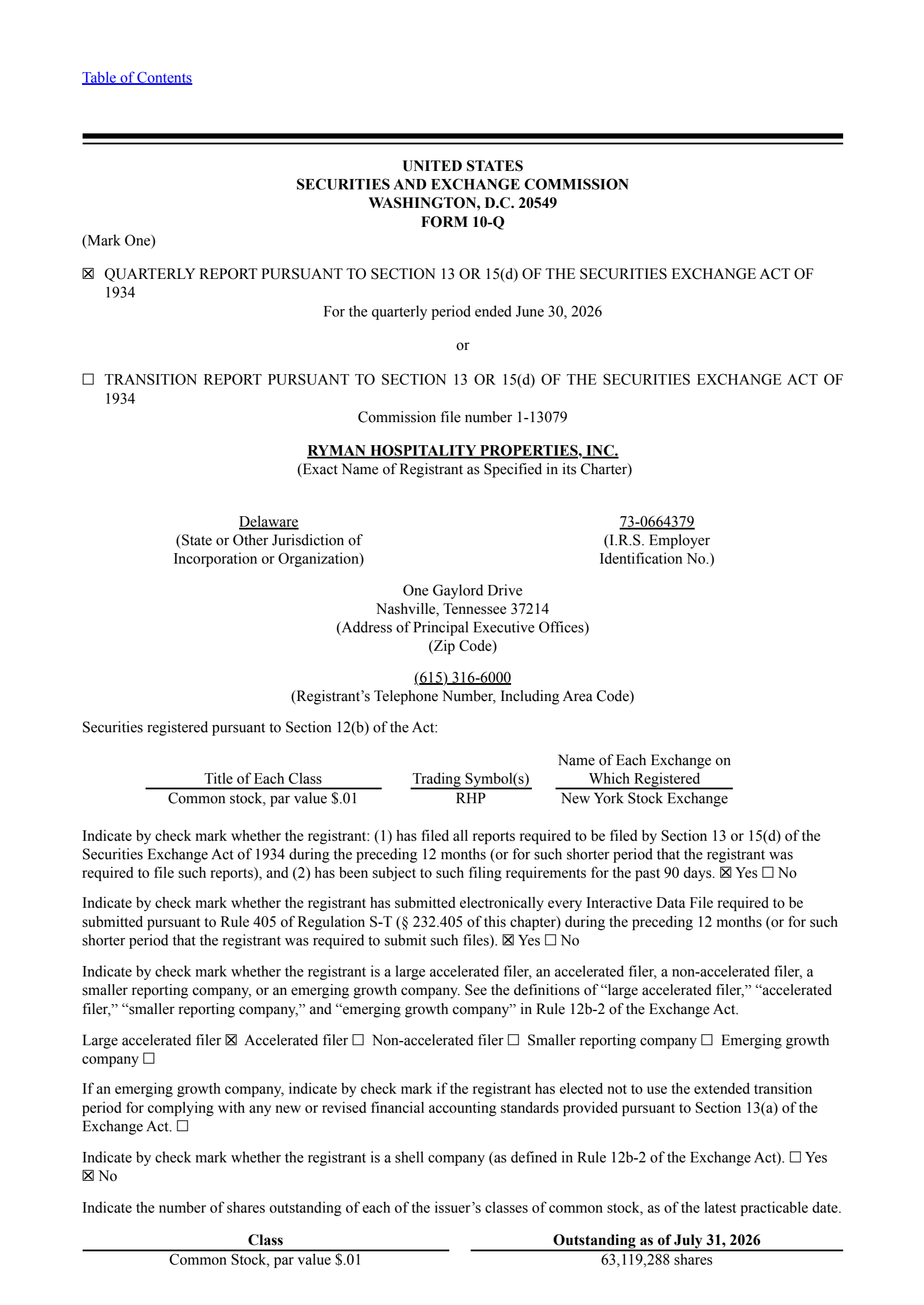 Ryman Hospitality Properties' Q2 2026 Quarterly report
