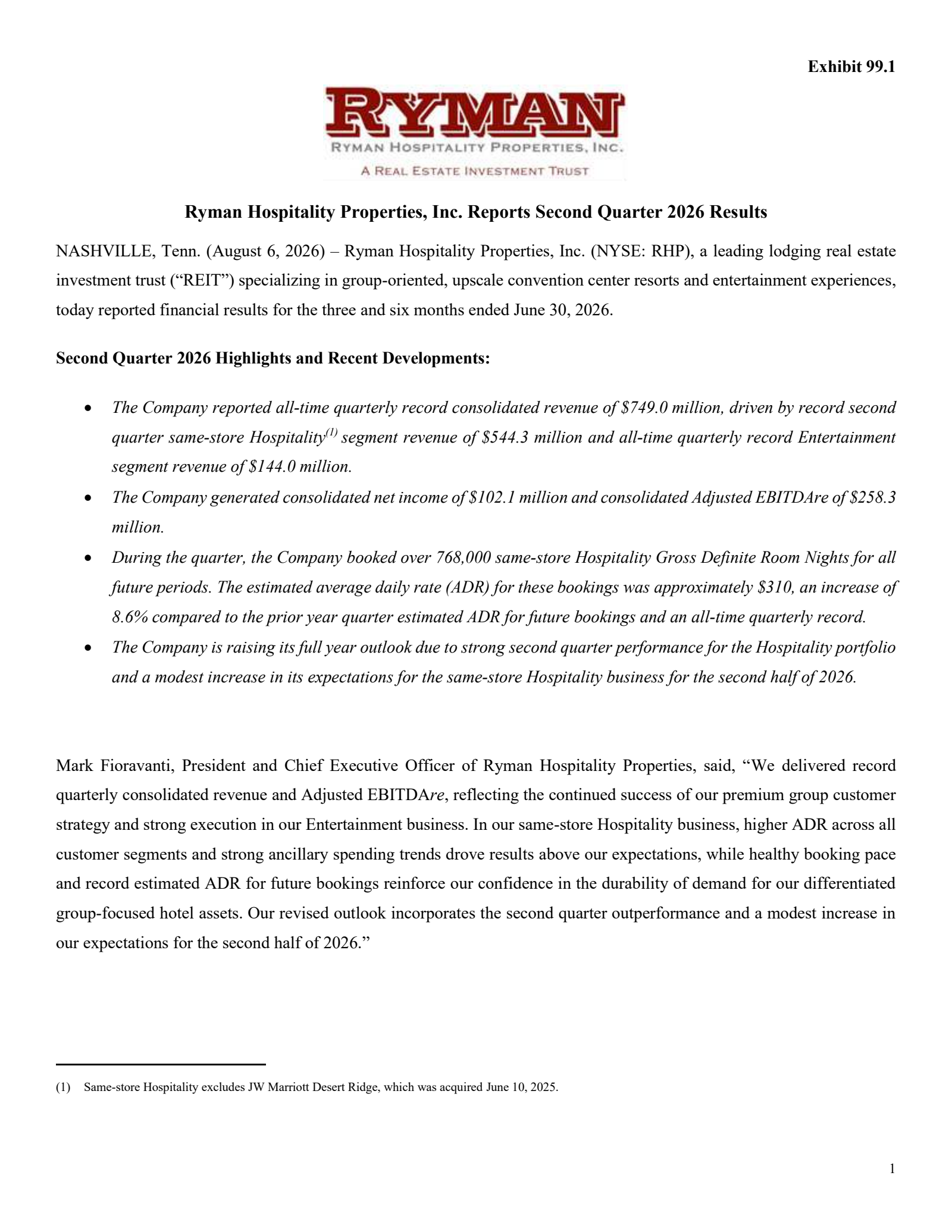 Ryman Hospitality Properties' Q2 2026 Press Release