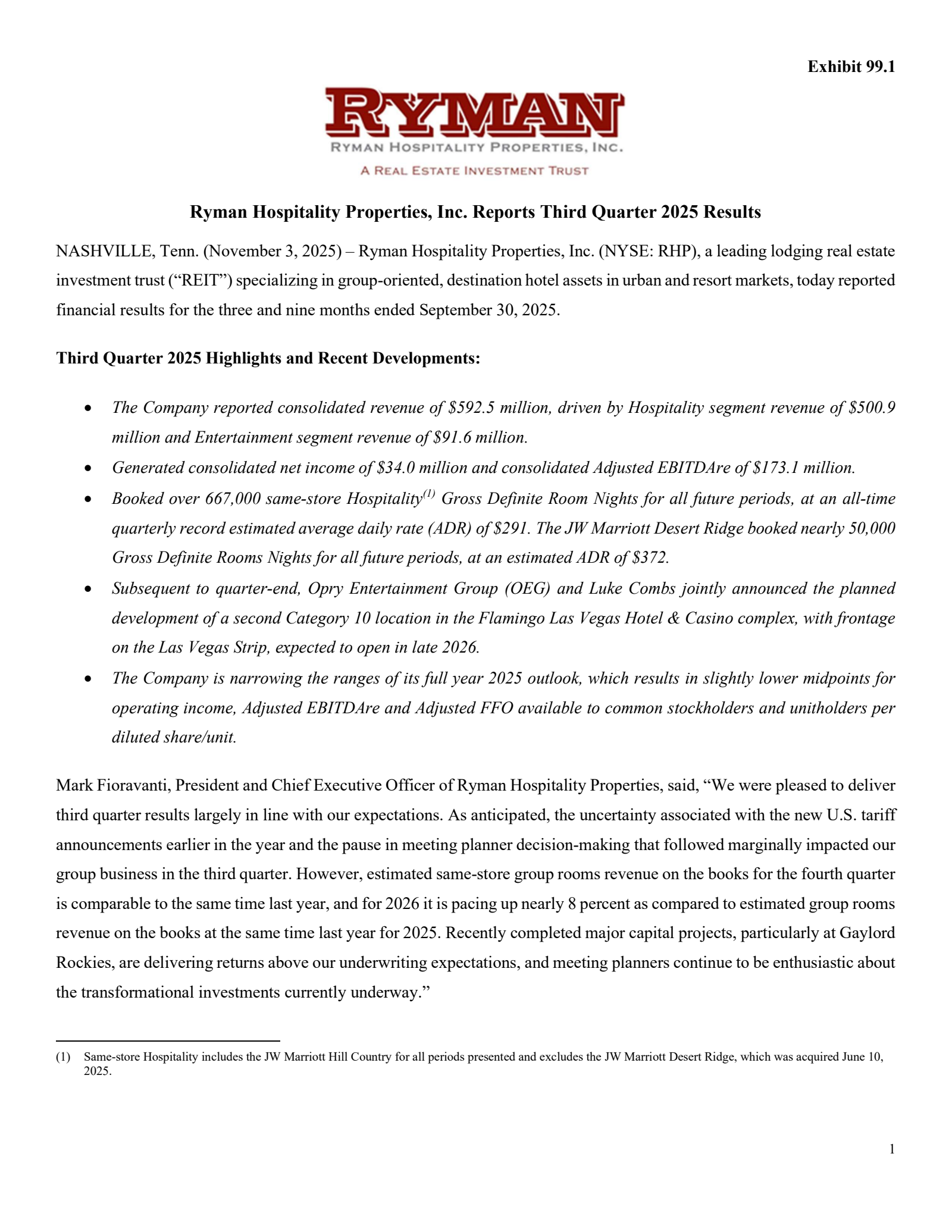 Ryman Hospitality Properties' Q3 2025 Earnings Release