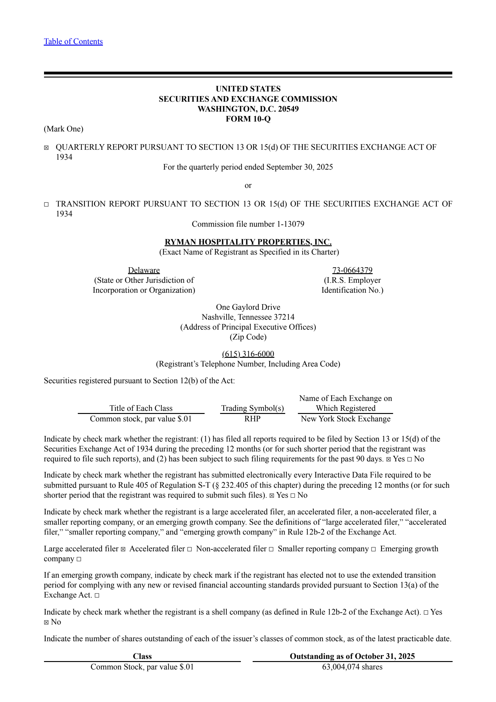 Ryman Hospitality Properties' Q3 2025 Quarterly Report