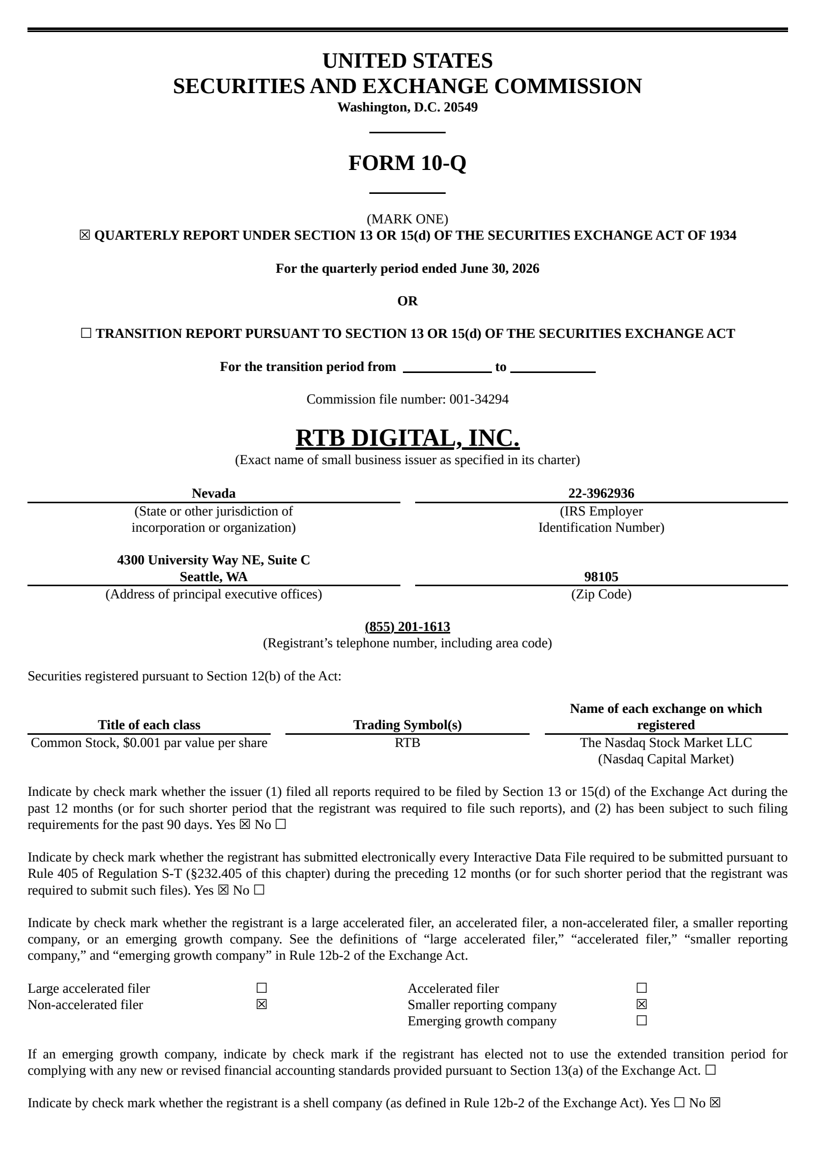 RTB Digital, Inc. Common Stock's Q2 2026 Quarterly report
