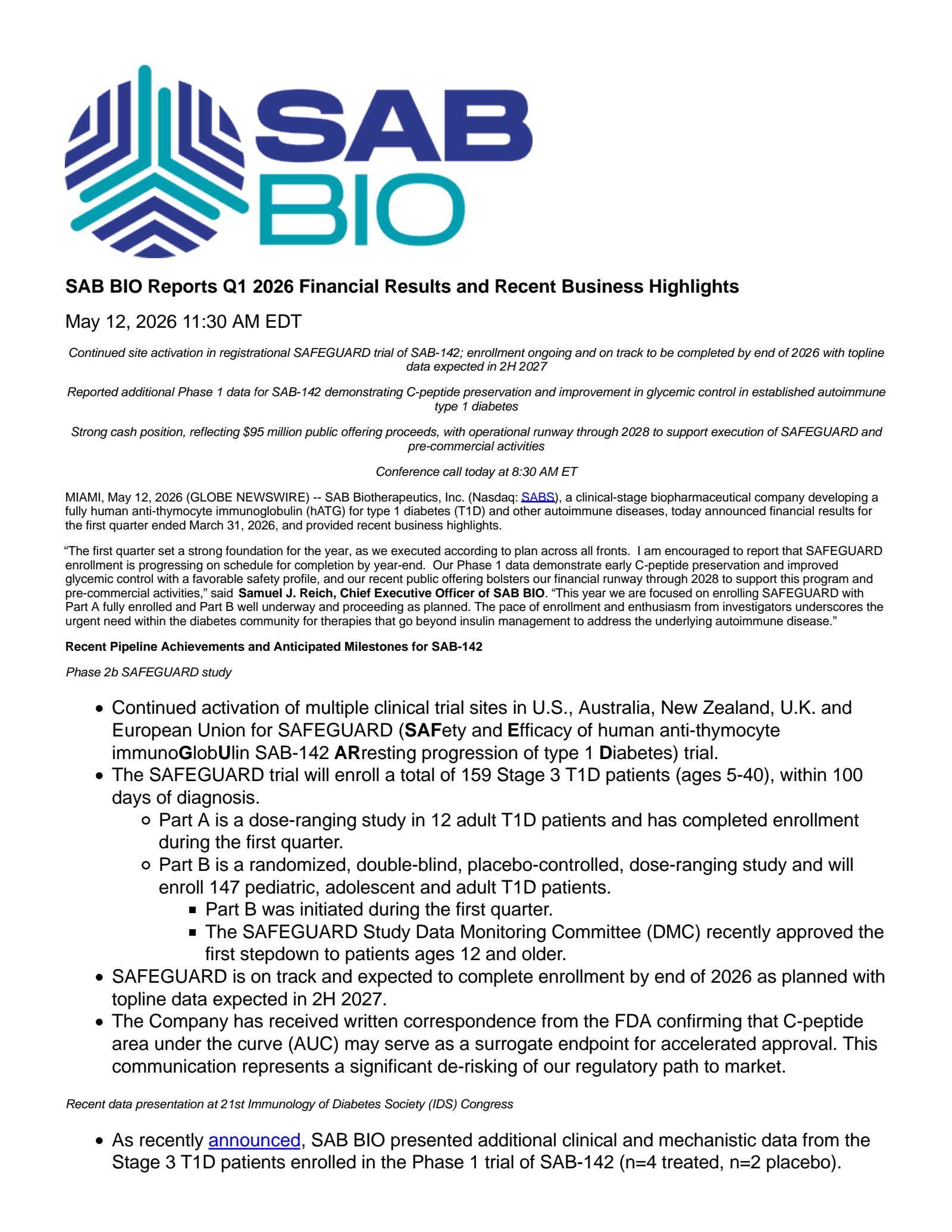 SAB Biotherapeutics' Q1 2026 Press Release