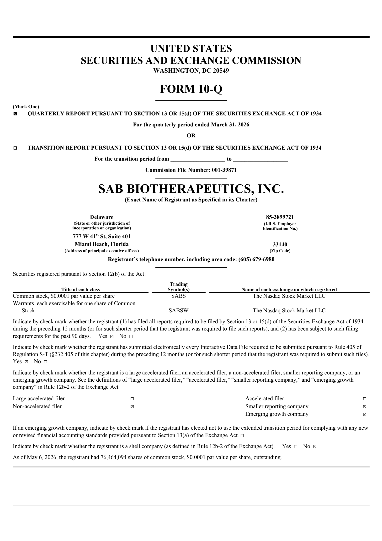 SAB Biotherapeutics' Q1 2026 Quarterly report