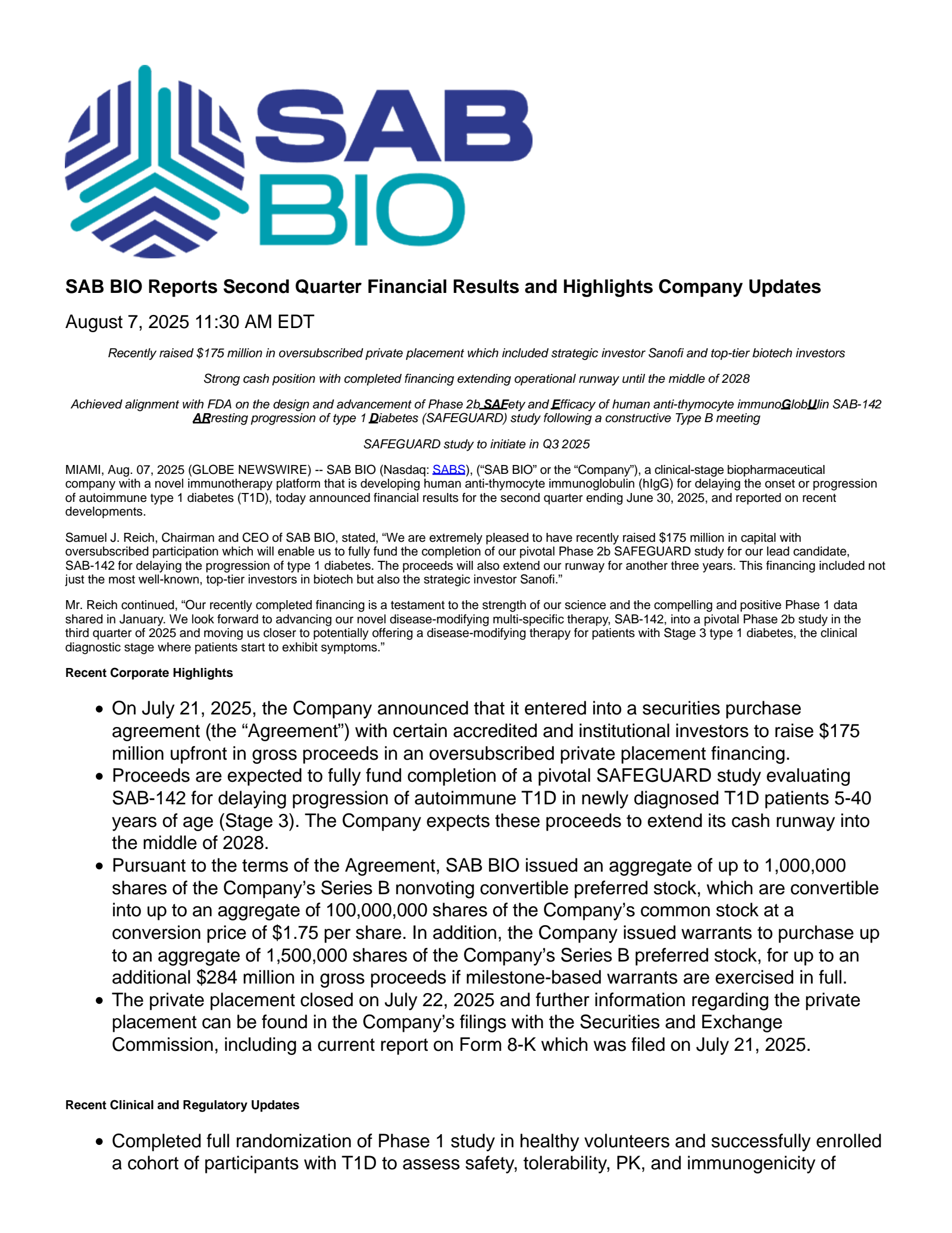 SAB Biotherapeutics' Q2 2025 Press Release