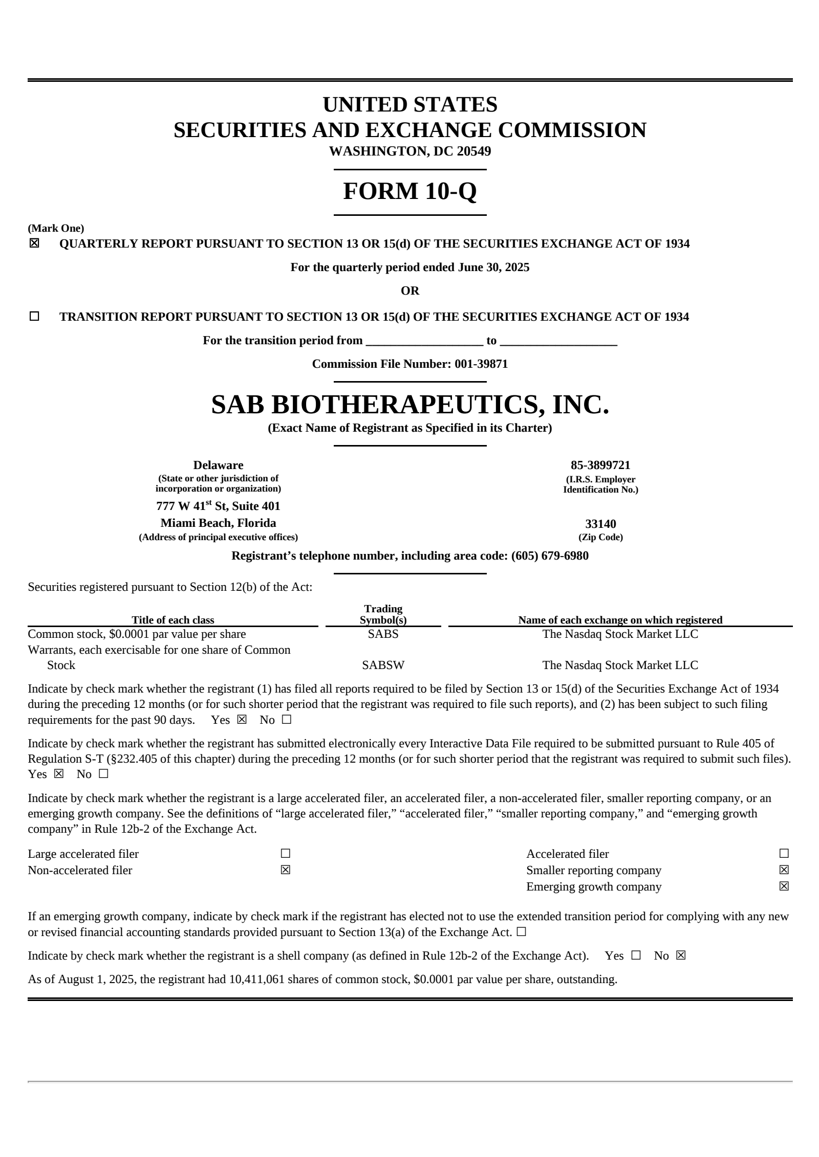 SAB Biotherapeutics' Q2 2025 Quarterly report