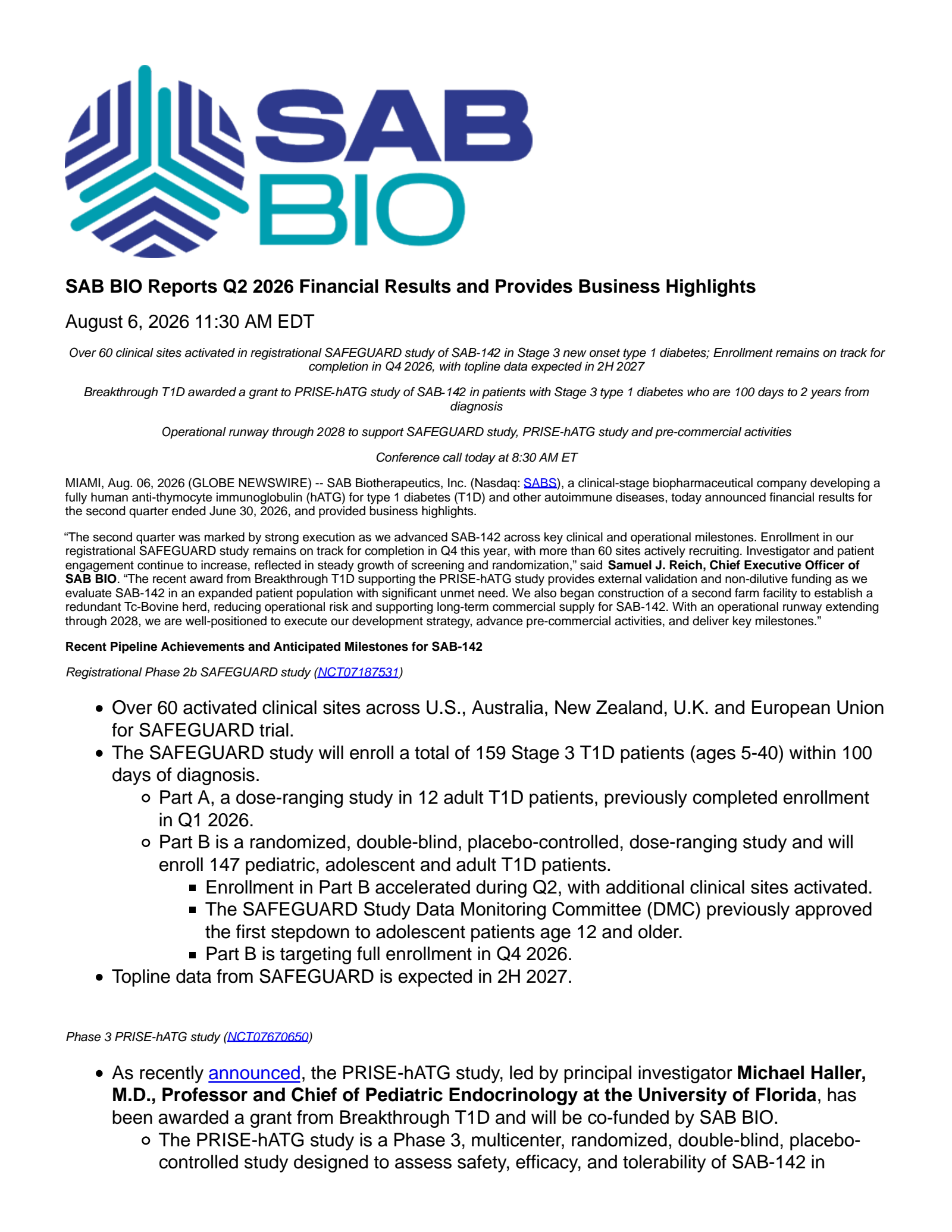 SAB Biotherapeutics' Q2 2026 Press Release
