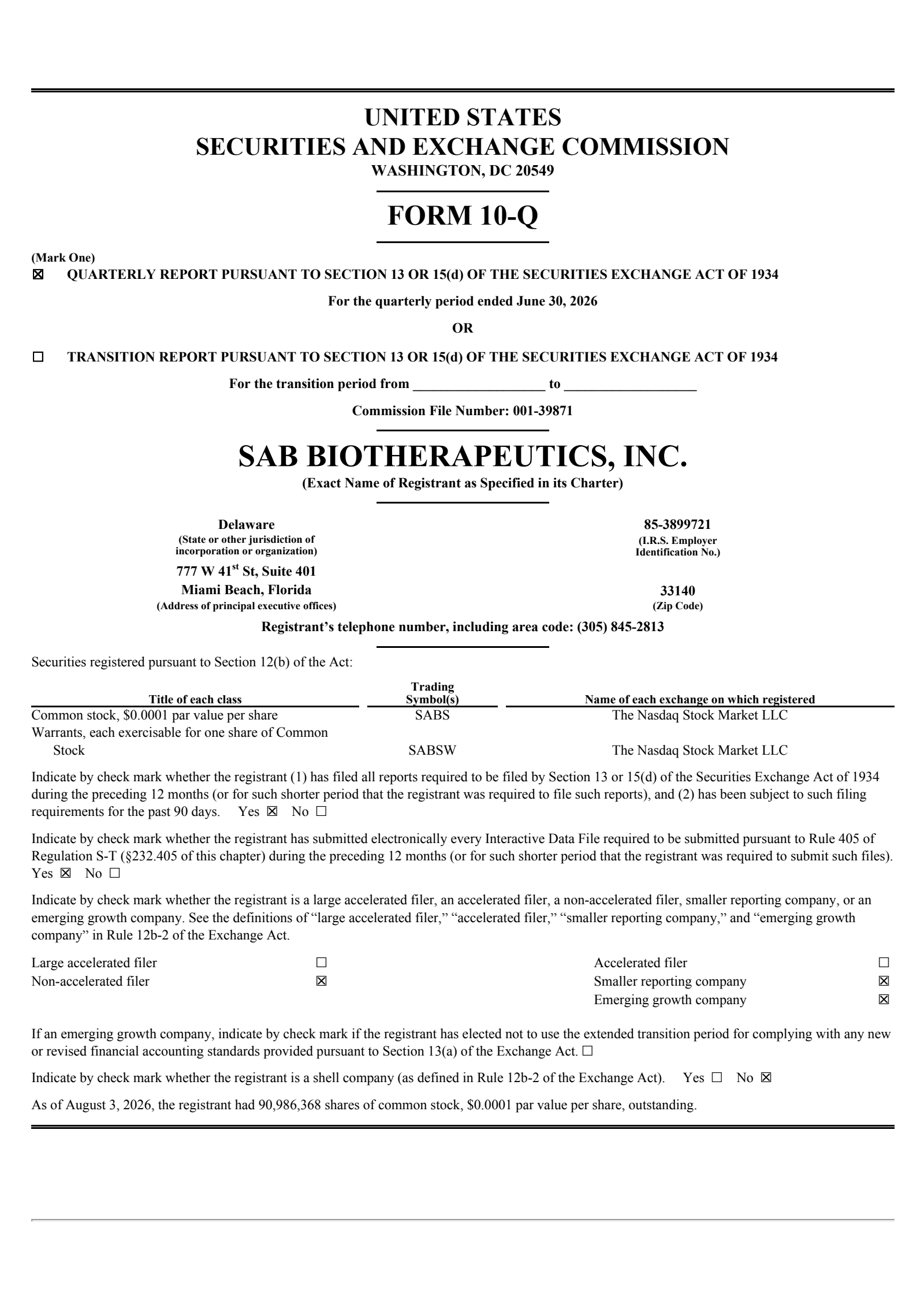 SAB Biotherapeutics' Q2 2026 Quarterly report