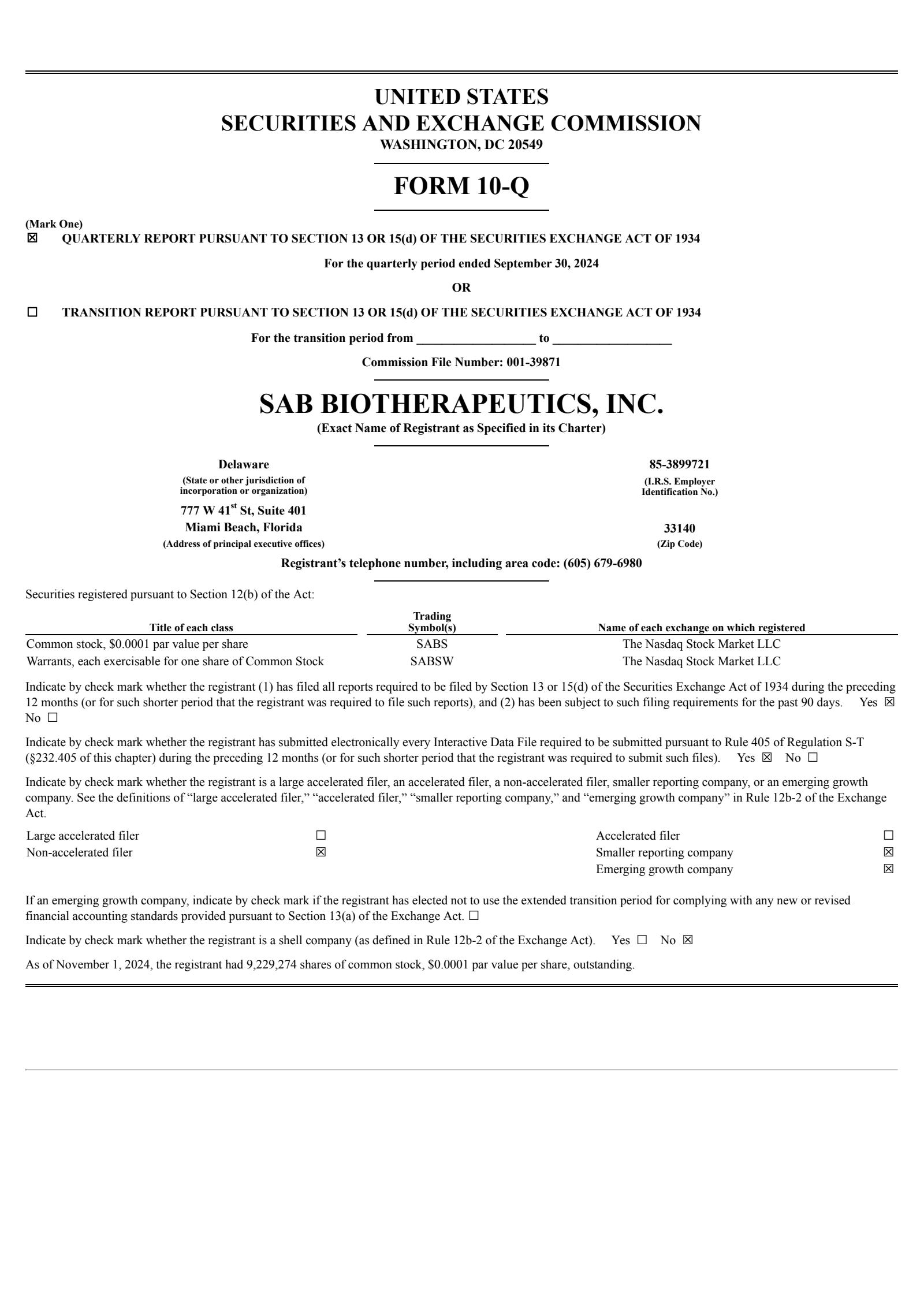 SAB Biotherapeutics' Q3 2024 Quarterly Report