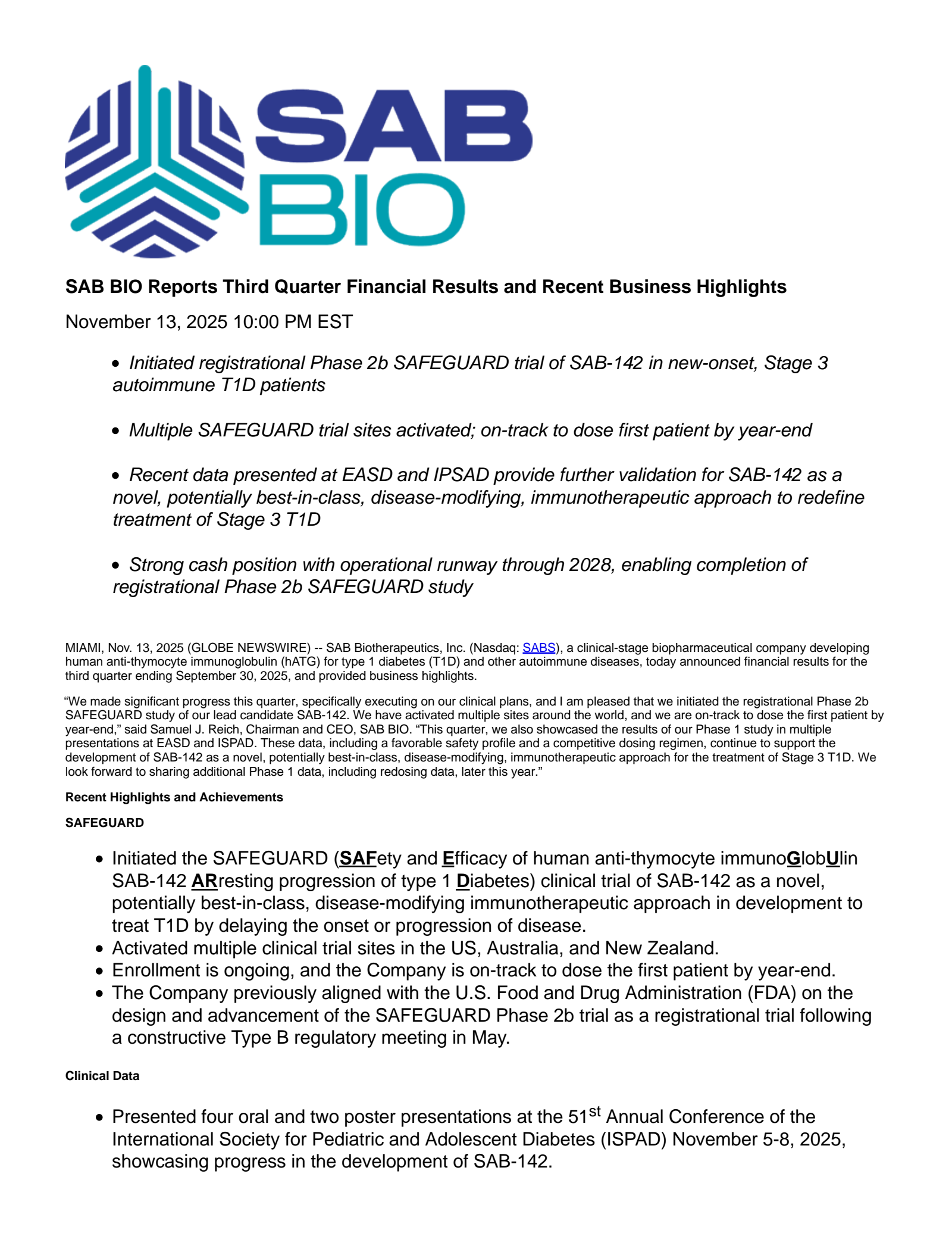 Sab Bio SABS Q3 2025 Earnings Report on 11/13/2025
