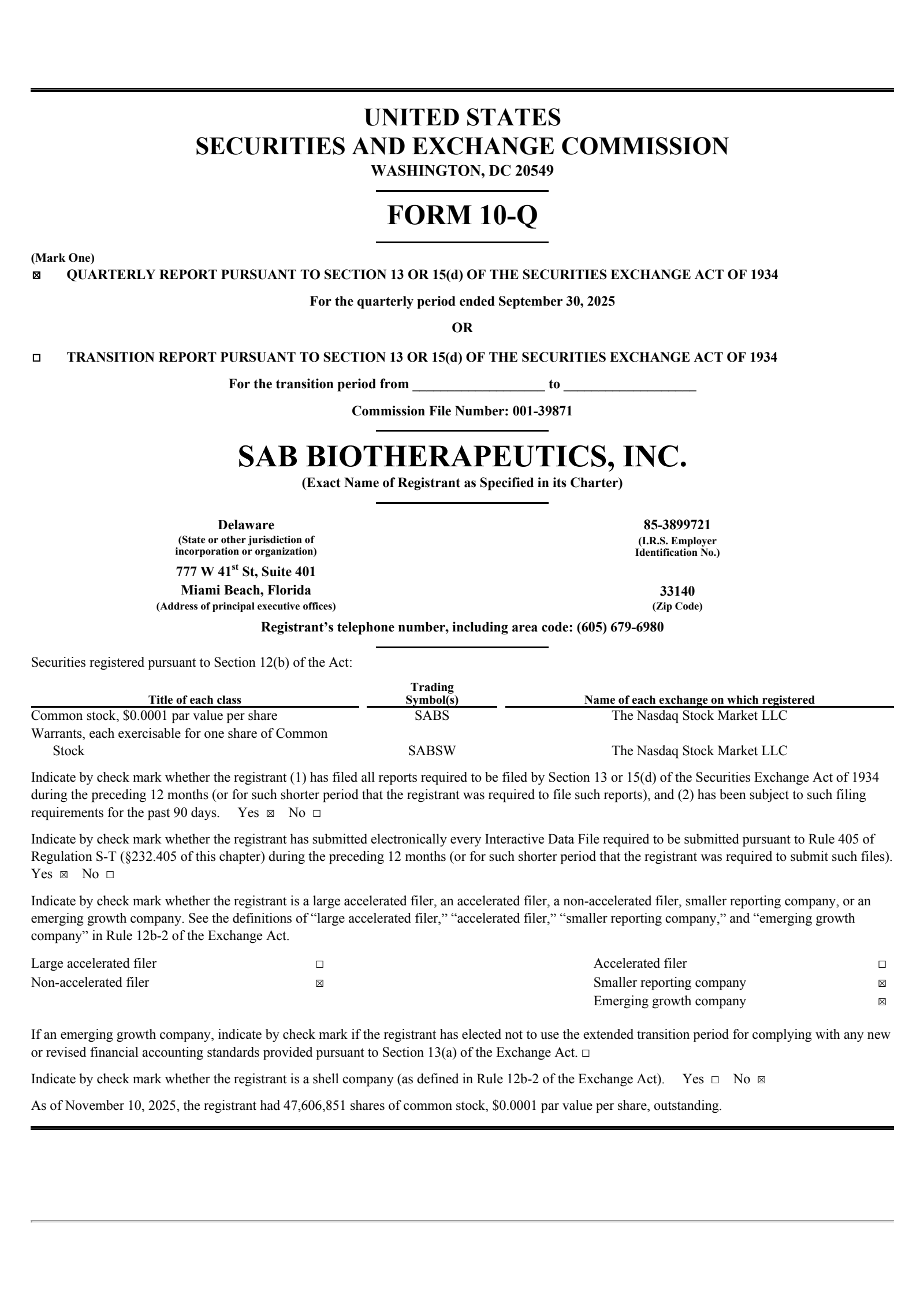 SAB Biotherapeutics' Q3 2025 Quarterly Report