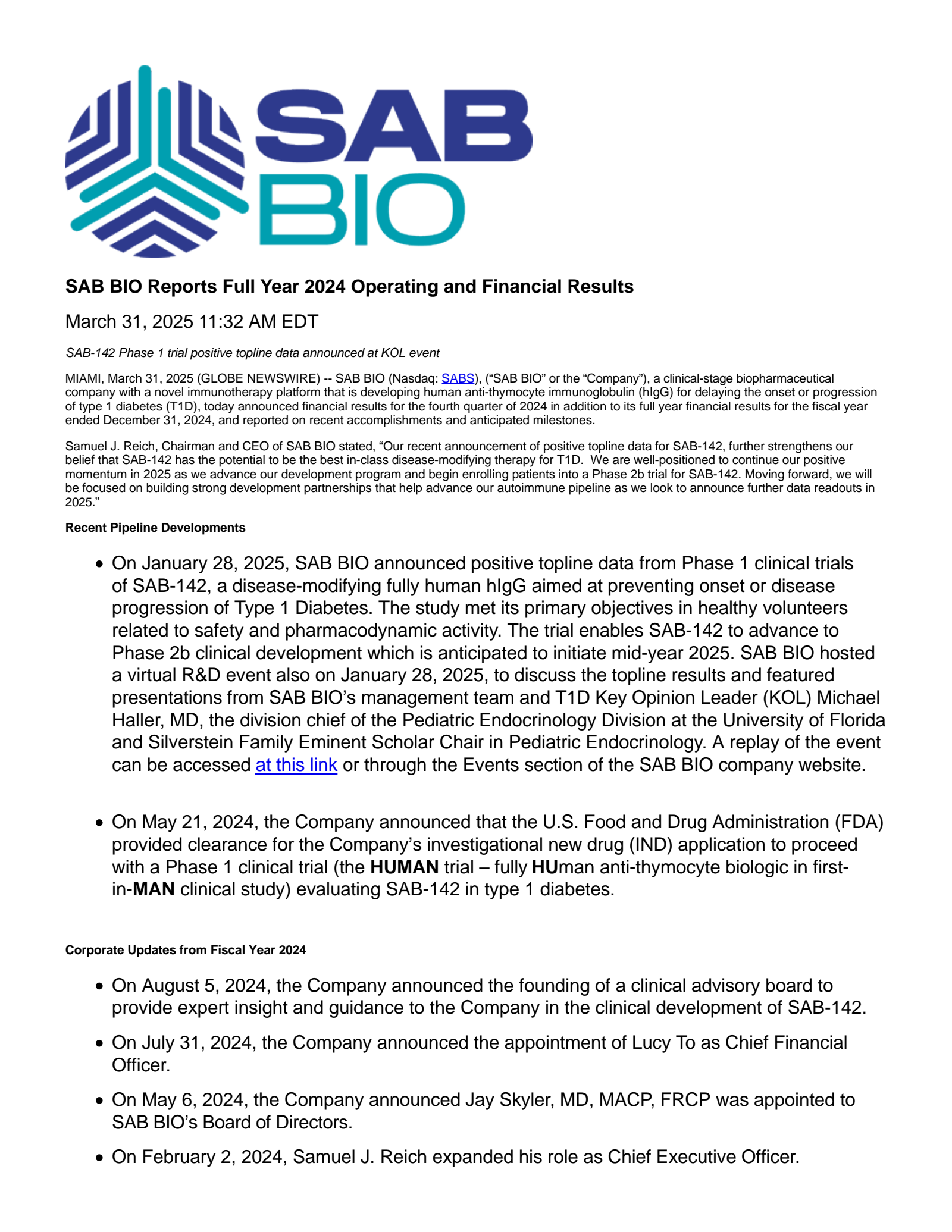 SAB Biotherapeutics' Q4 2024 Press Release