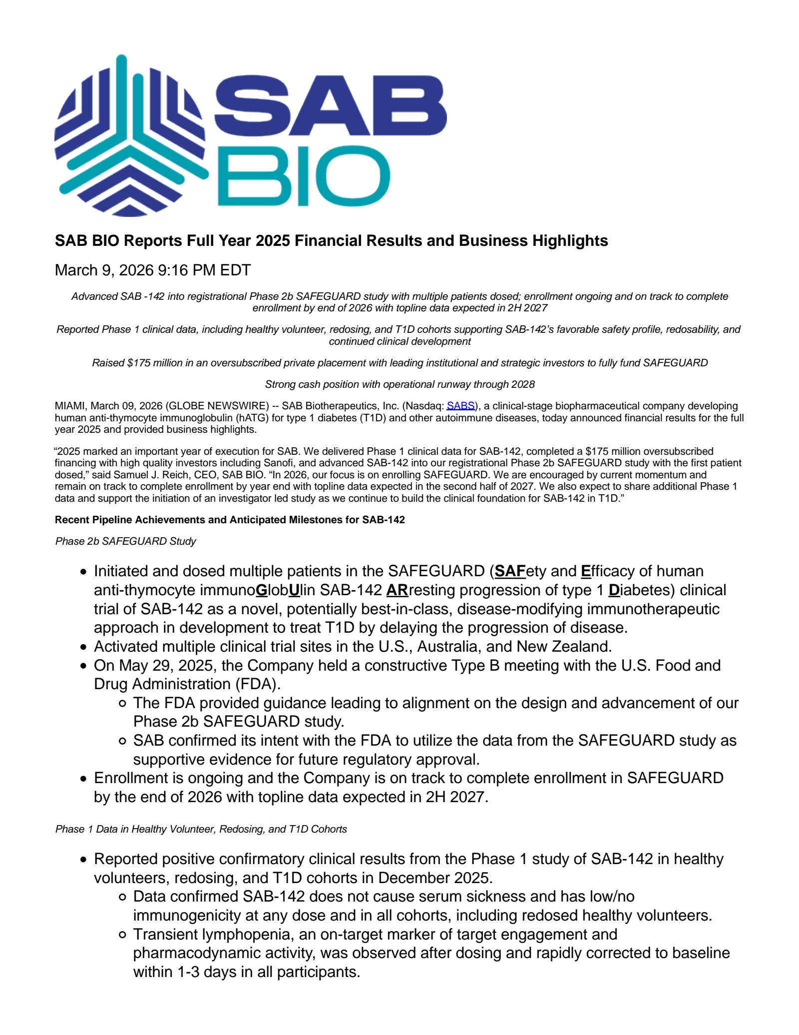 SAB Biotherapeutics' Q4 2025 Press Release