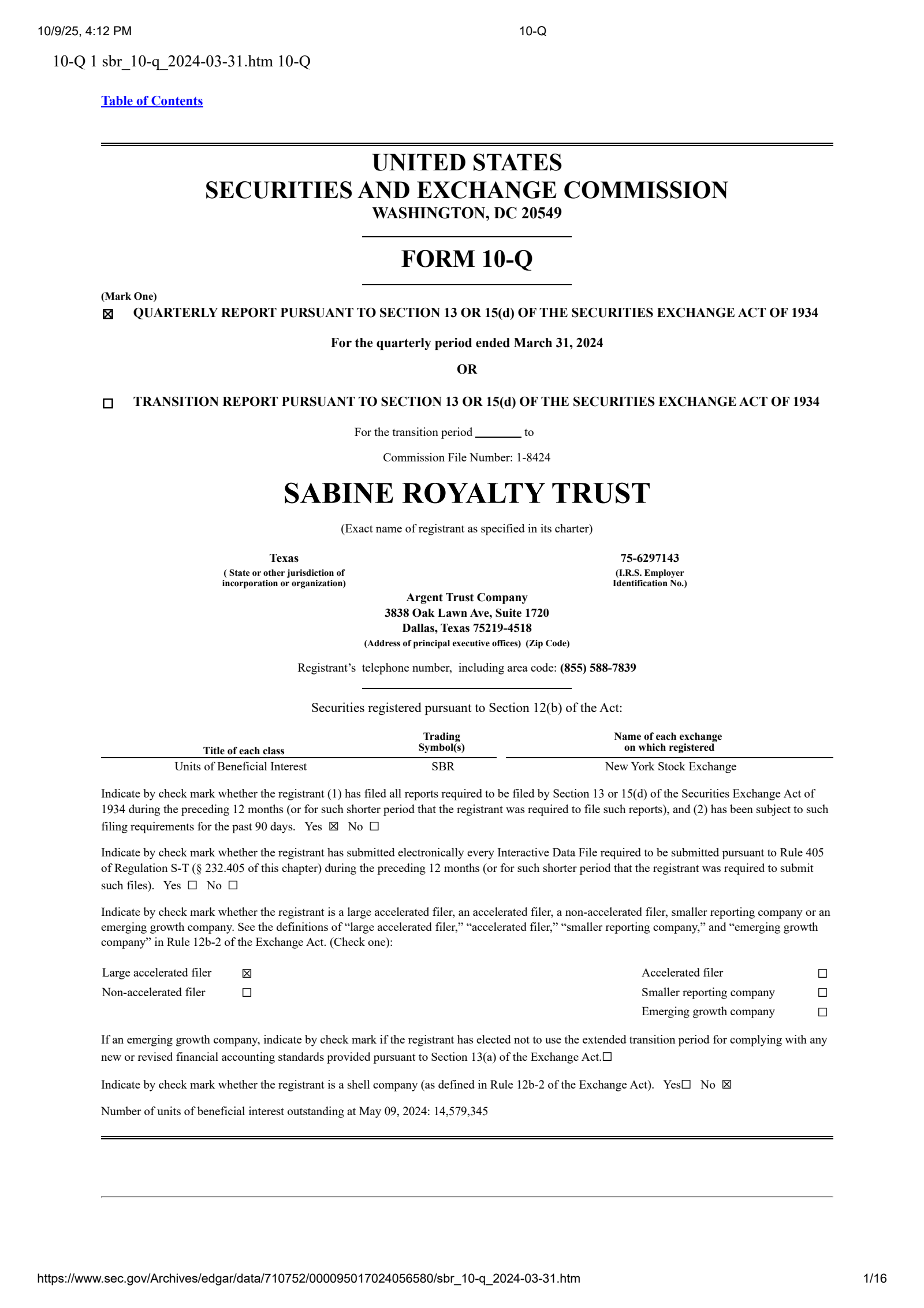Sabine Royalty Trust's Q1 2024 Quarterly Report