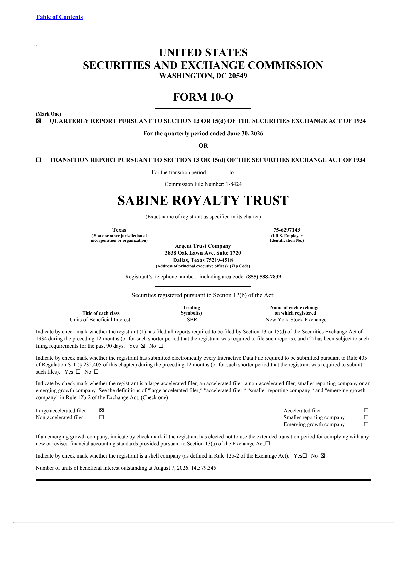 Sabine Royalty Trust's Q2 2026 Quarterly report