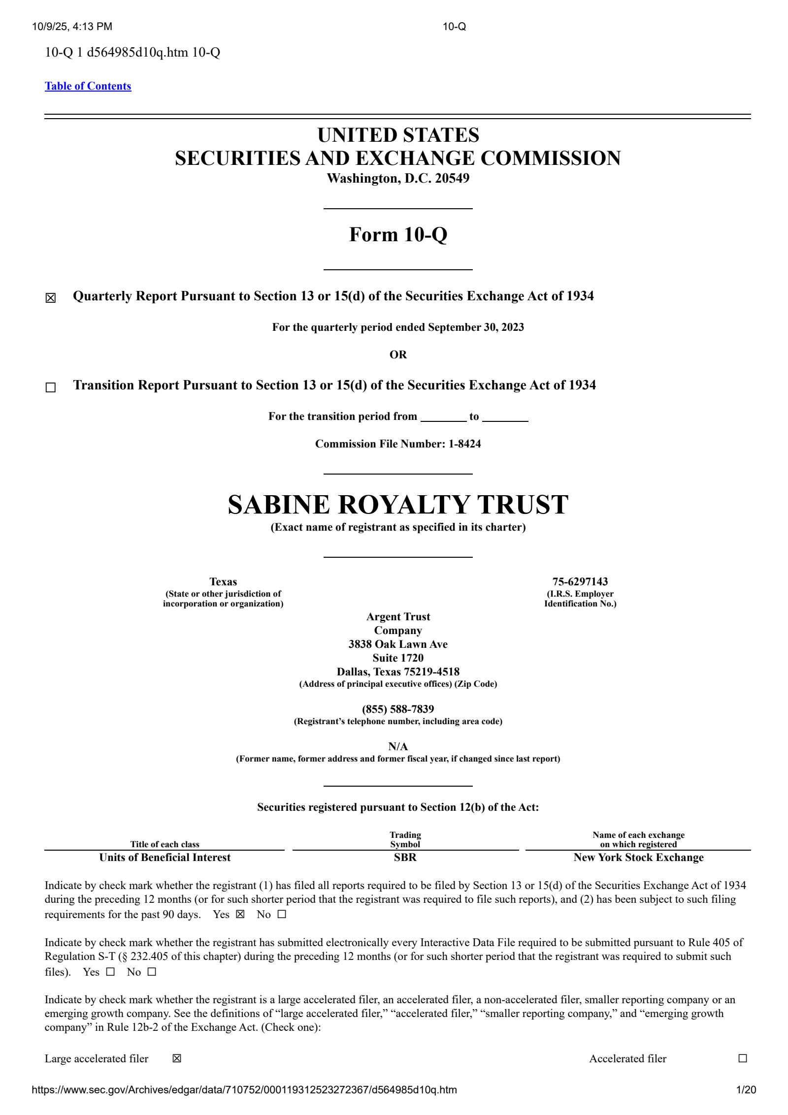 Sabine Royalty Trust's Q3 2023 Quarterly Report