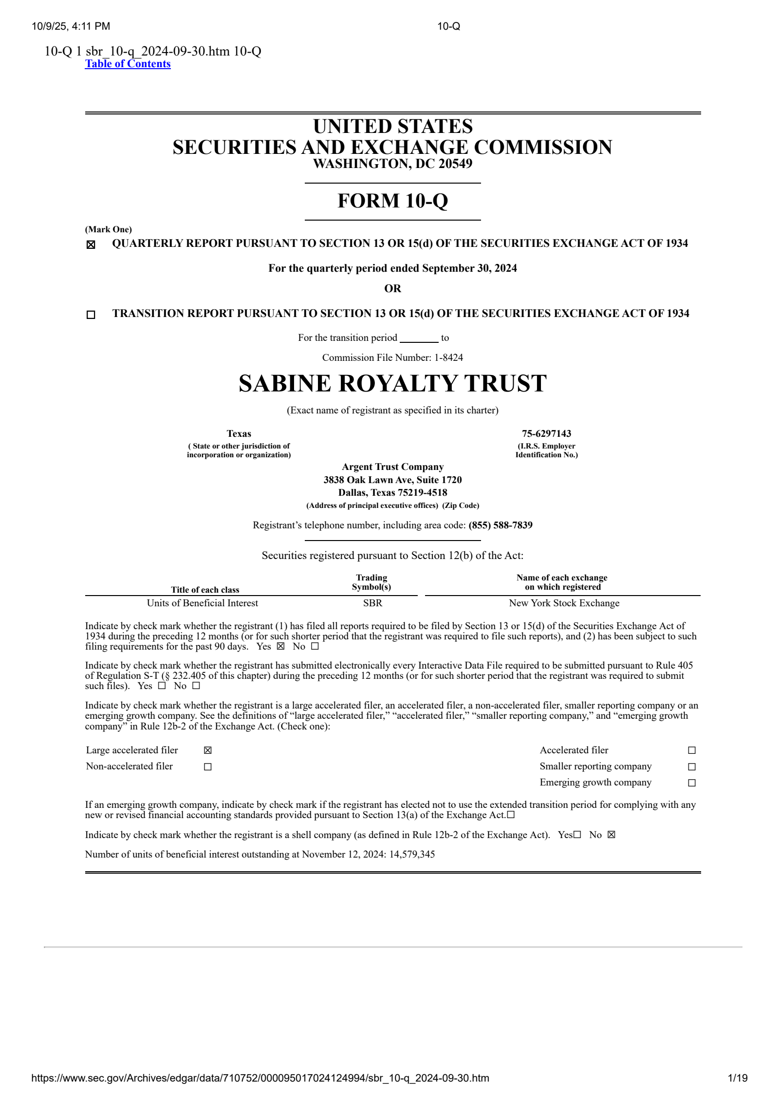 Sabine Royalty Trust's Q3 2024 Quarterly Report