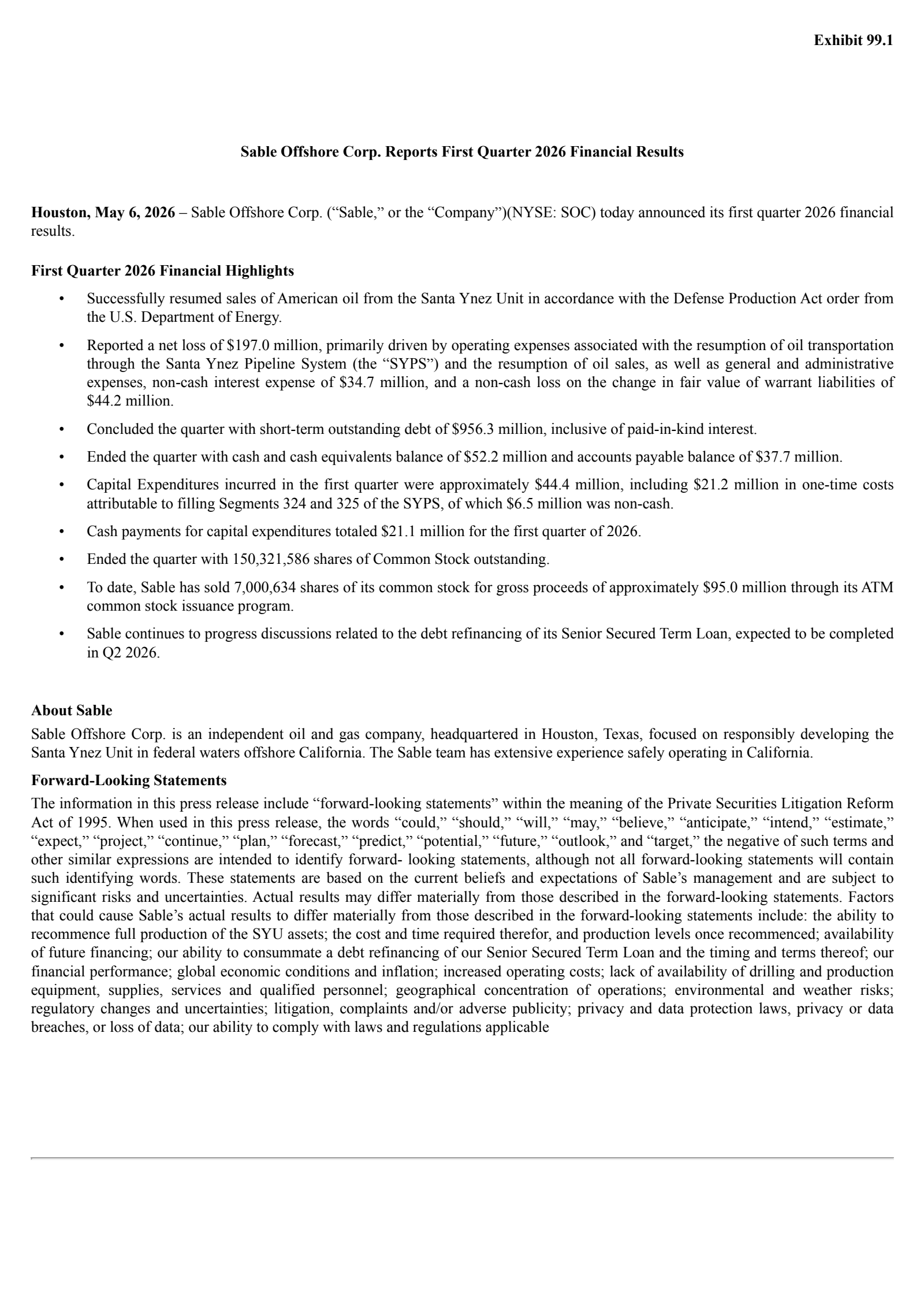 Sable Offshore's Q1 2026 Press Release