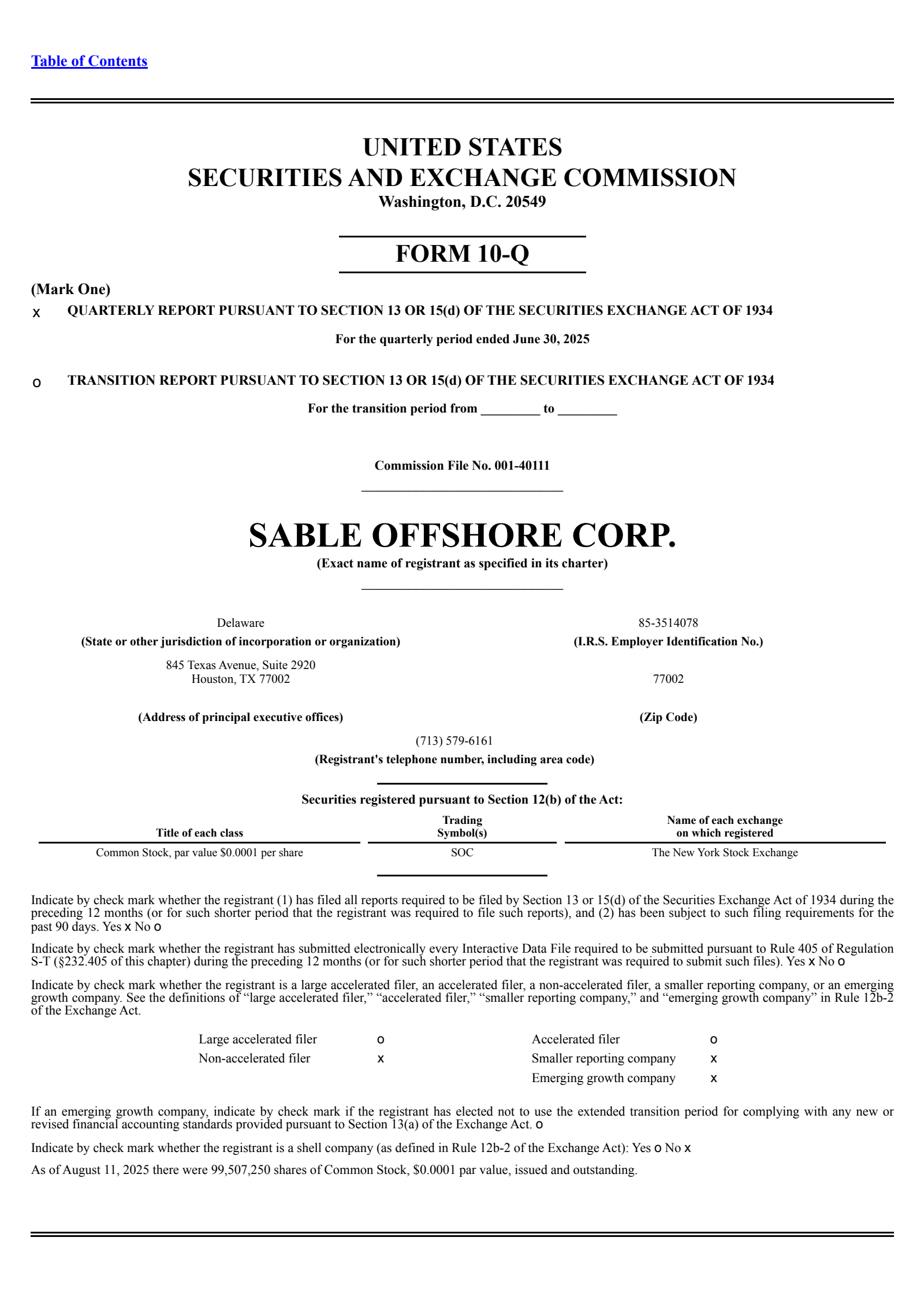 Sable Offshore's Q2 2025 Quarterly report