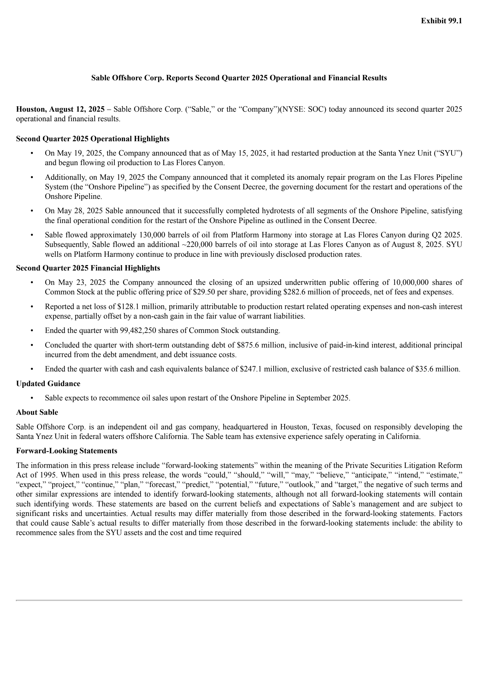 Sable Offshore's Q2 2025 Press Release