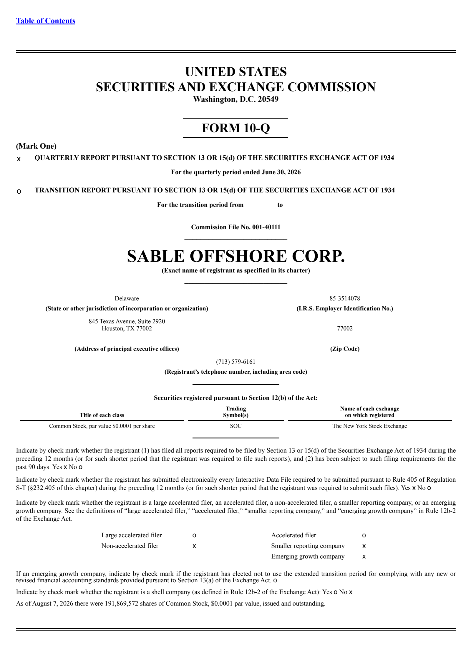 Sable Offshore's Q2 2026 Quarterly report