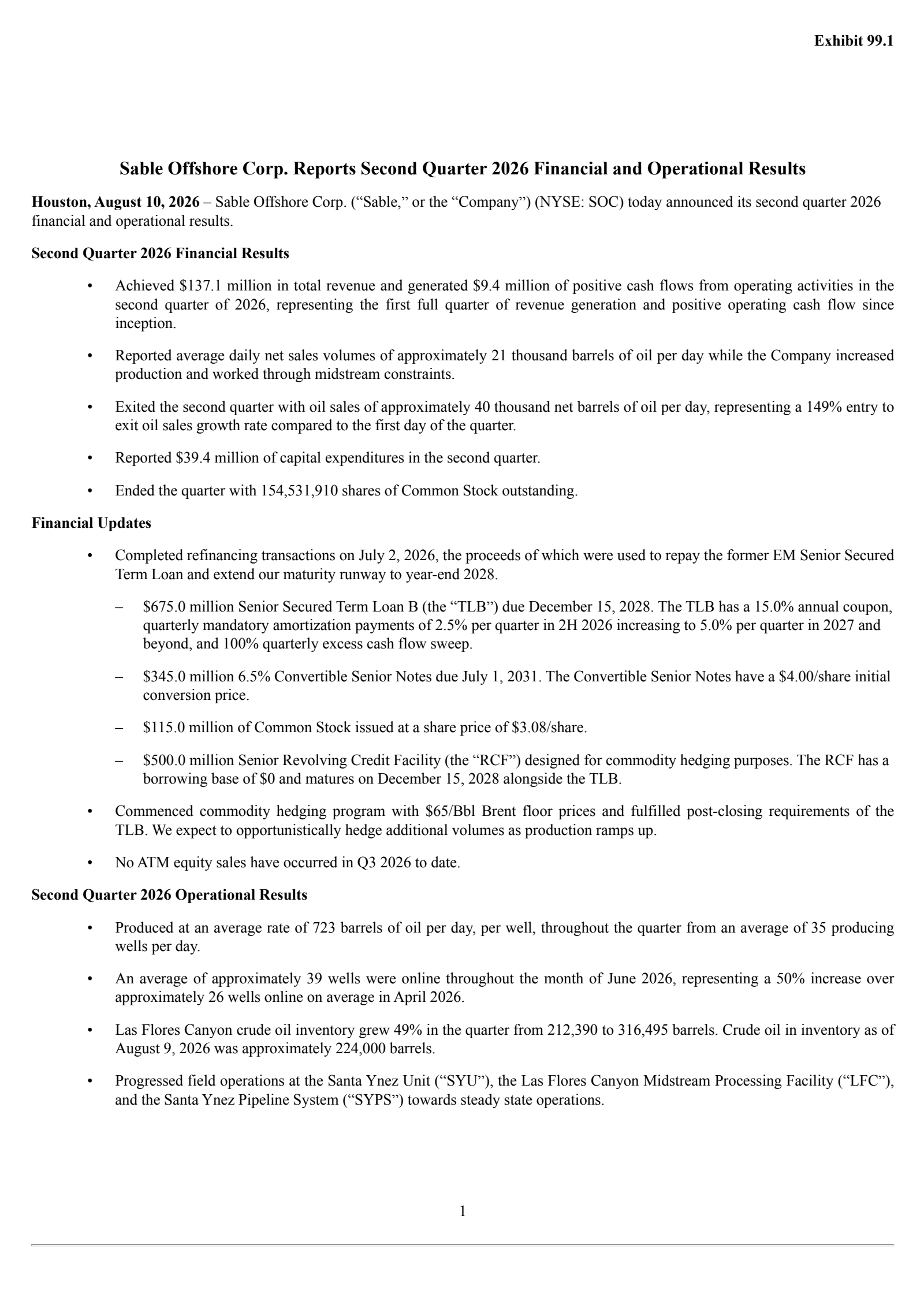 Sable Offshore's Q2 2026 Press Release