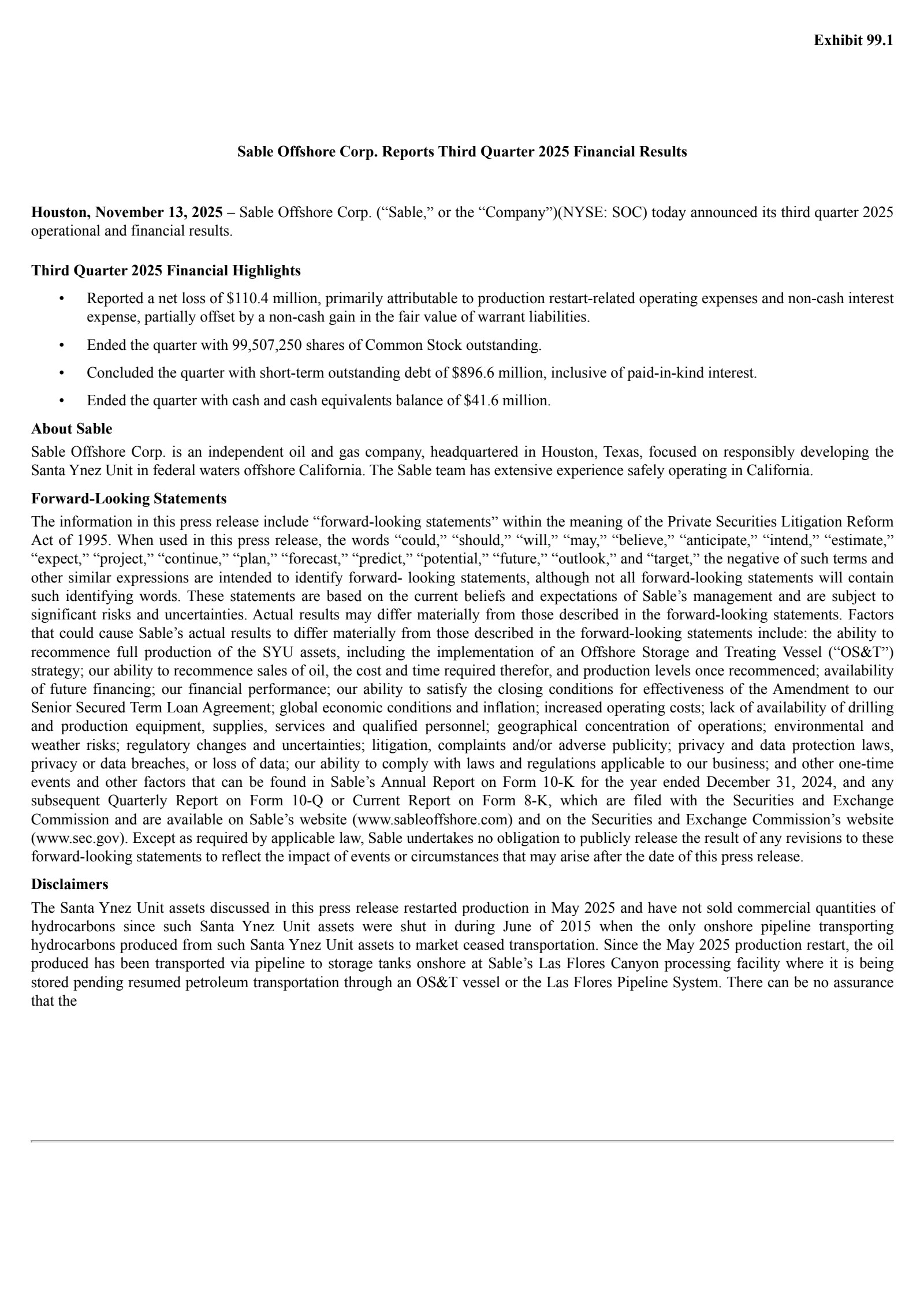Sable Offshore's Q3 2025 Earnings Release