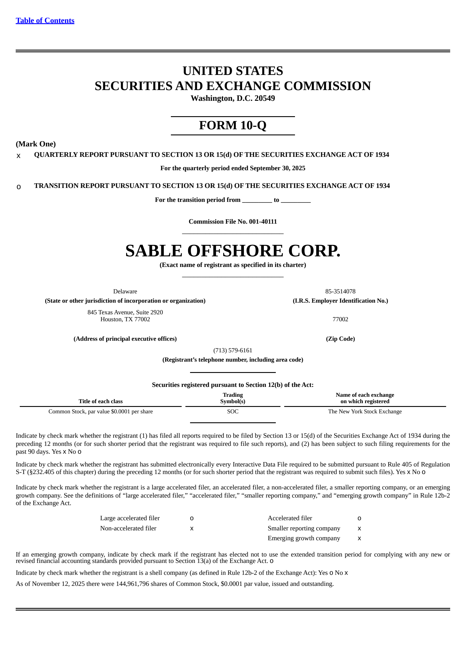 Sable Offshore's Q3 2025 Quarterly Report