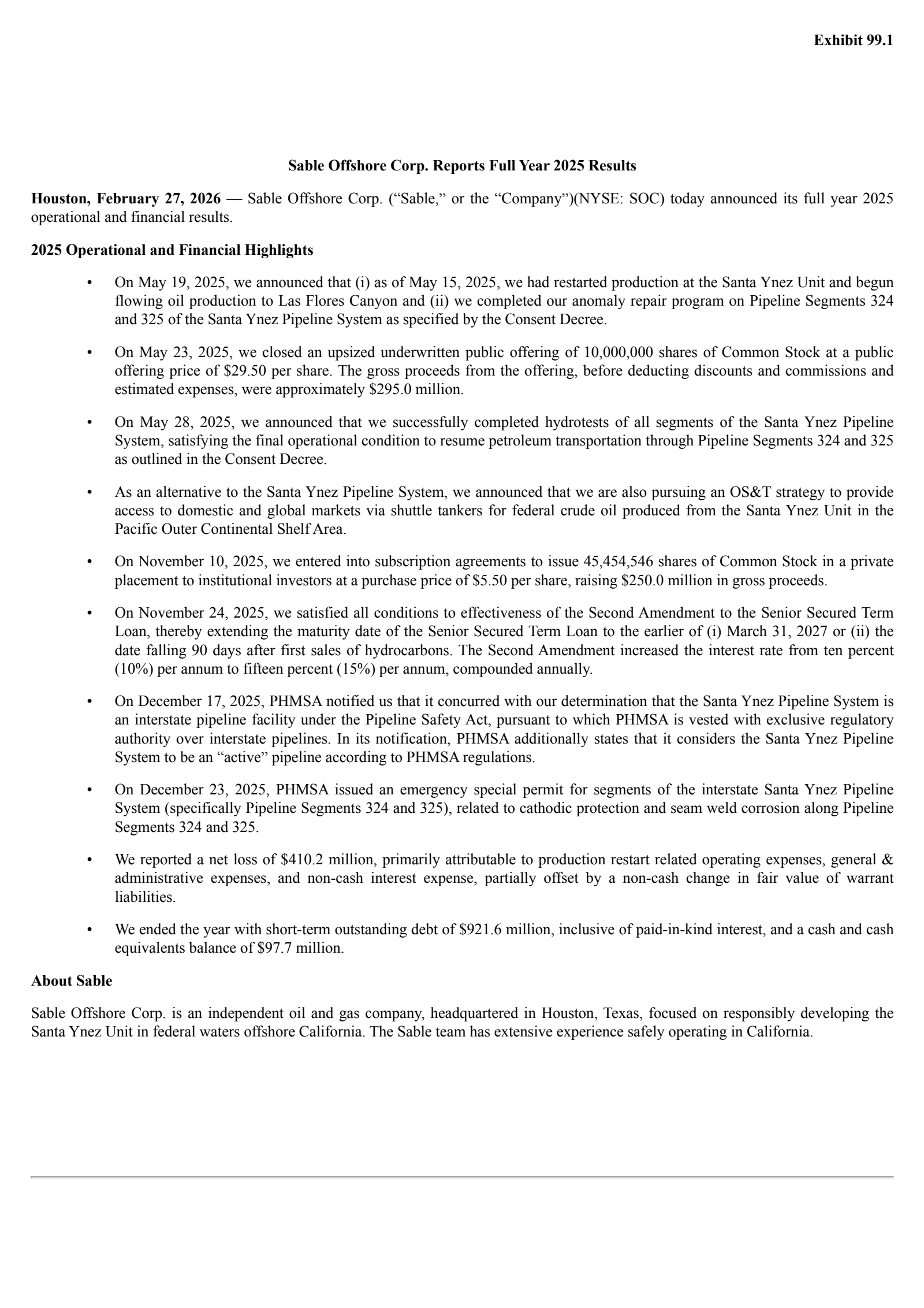 Sable Offshore's Q4 2025 Press Release