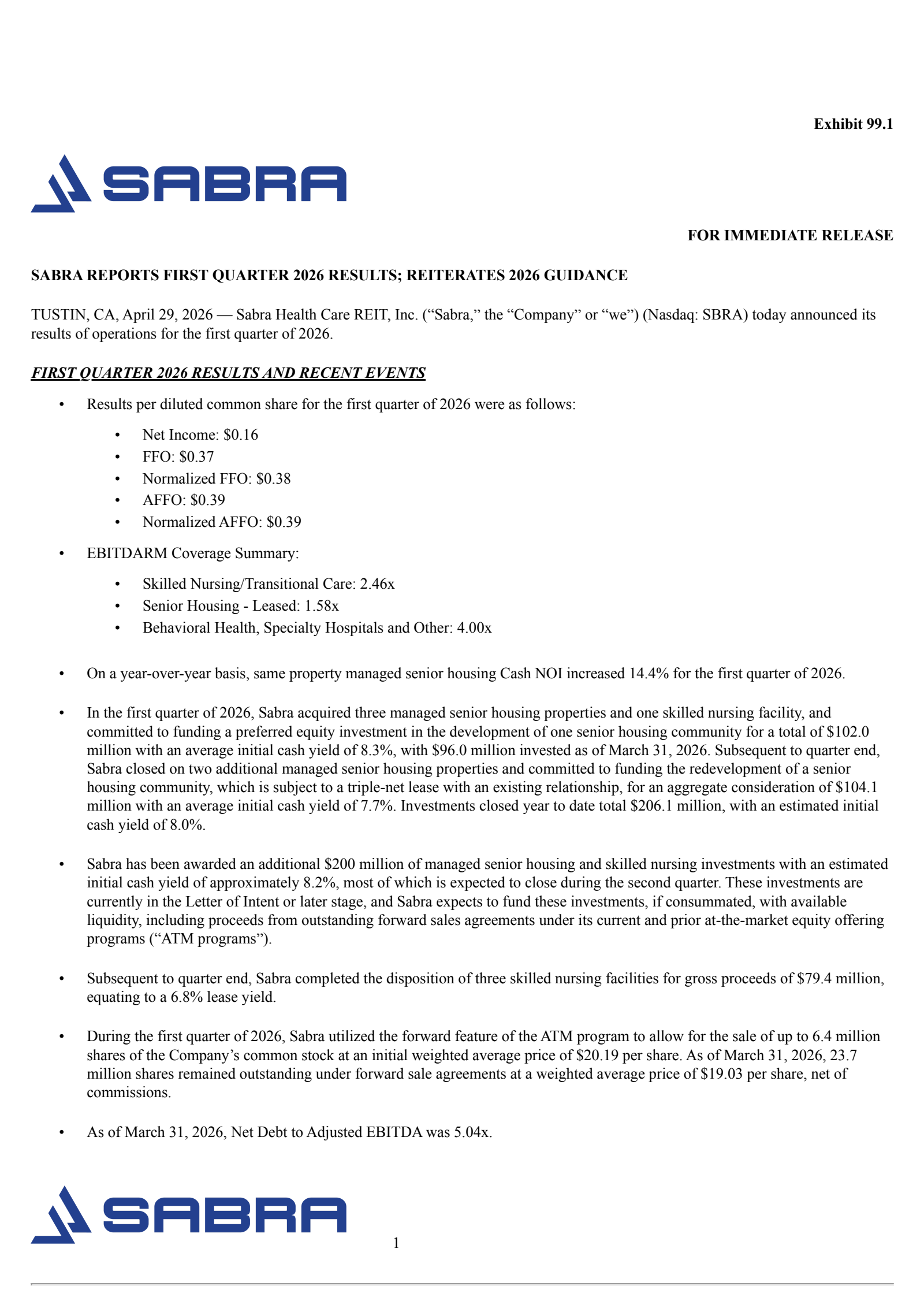 Sabra Healthcare REIT's Q1 2026 Press Release