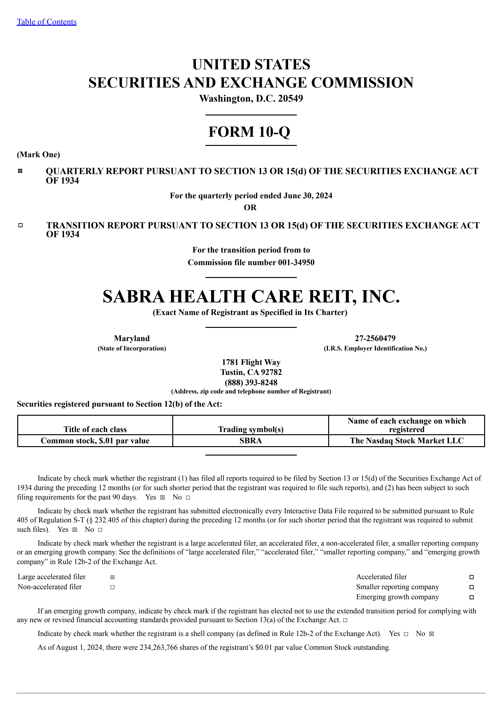 Robin Handel SBRA Q2 2024 Earnings Report on 8/7/2024