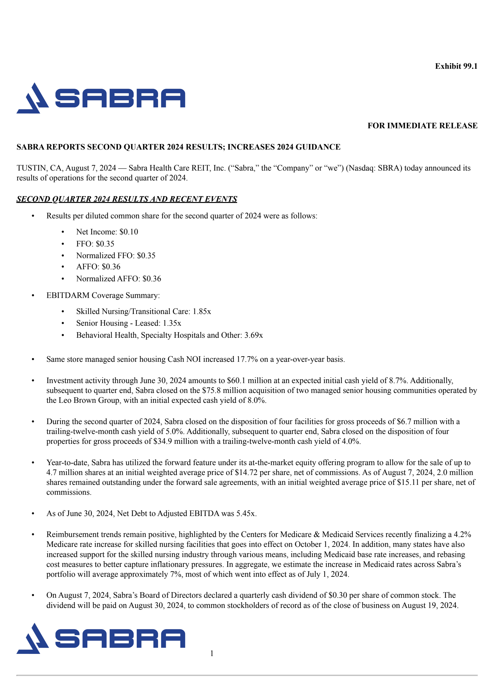 Sabra Health Care REIT's Q2 2024 Press Release