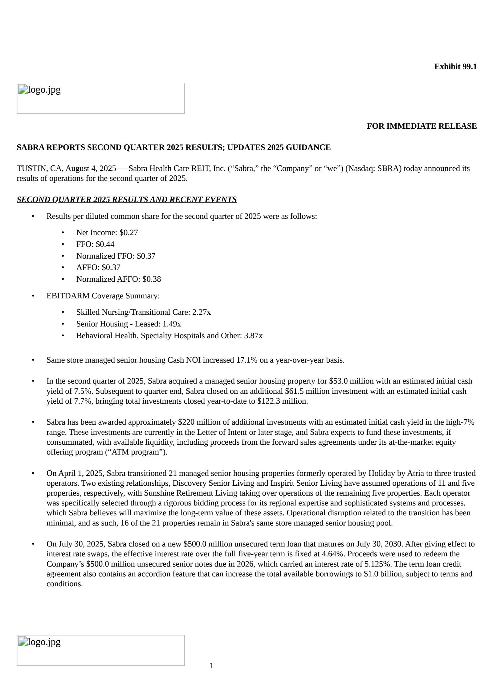 Sabra Healthcare REIT's Q2 2025 Press Release