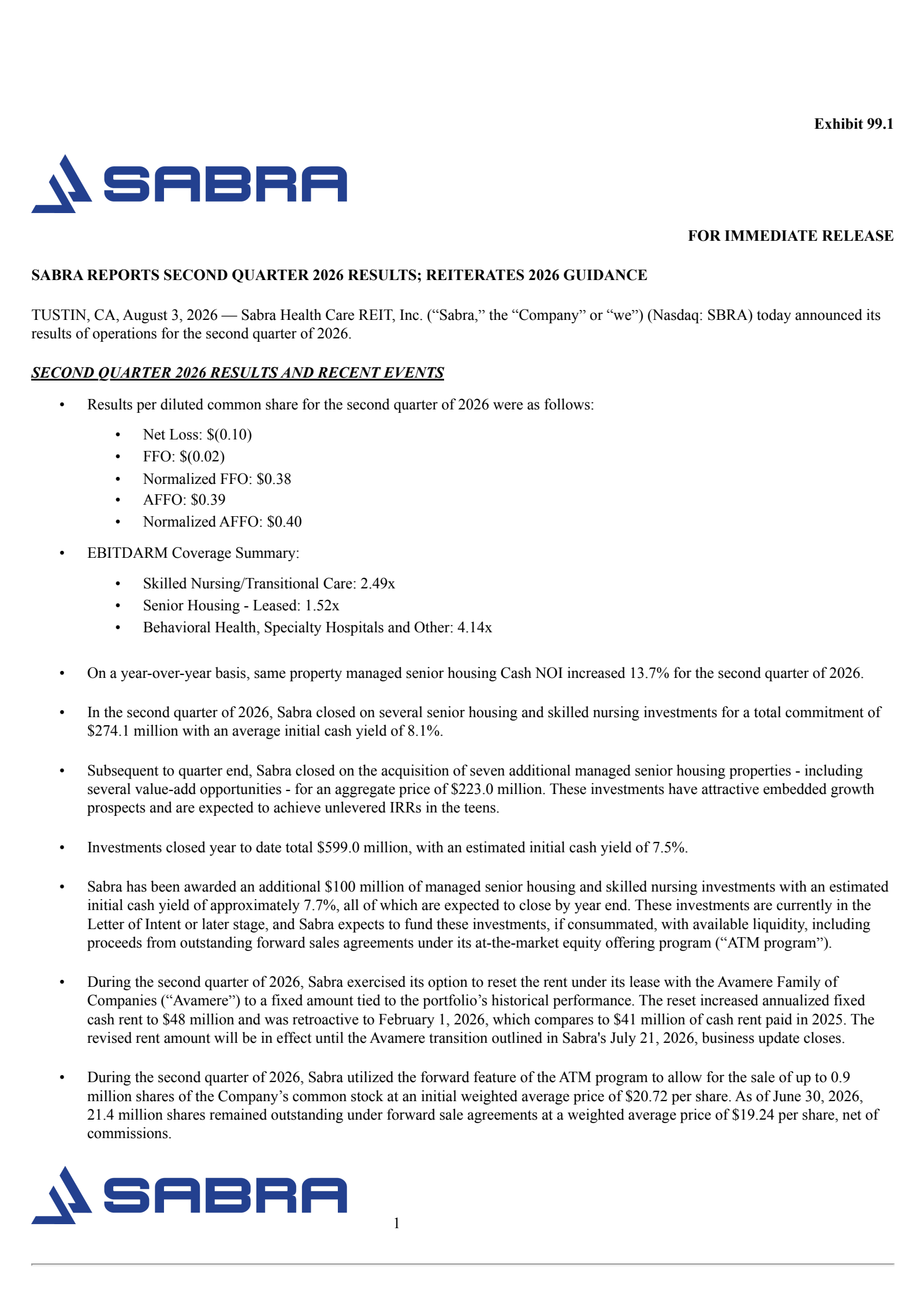 Sabra Healthcare REIT's Q2 2026 Press Release