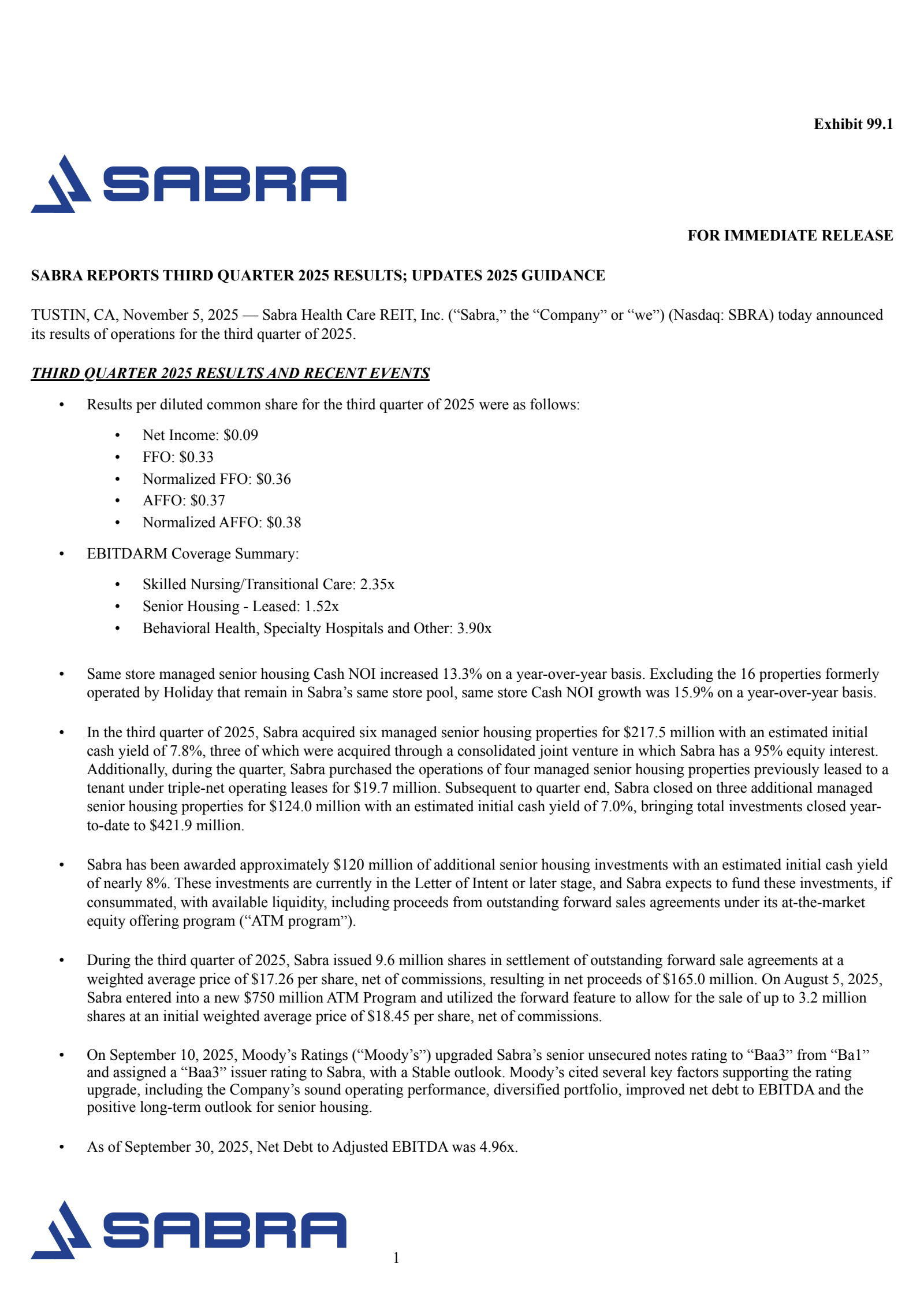 Sabra Healthcare REIT's Q3 2025 Earnings Release