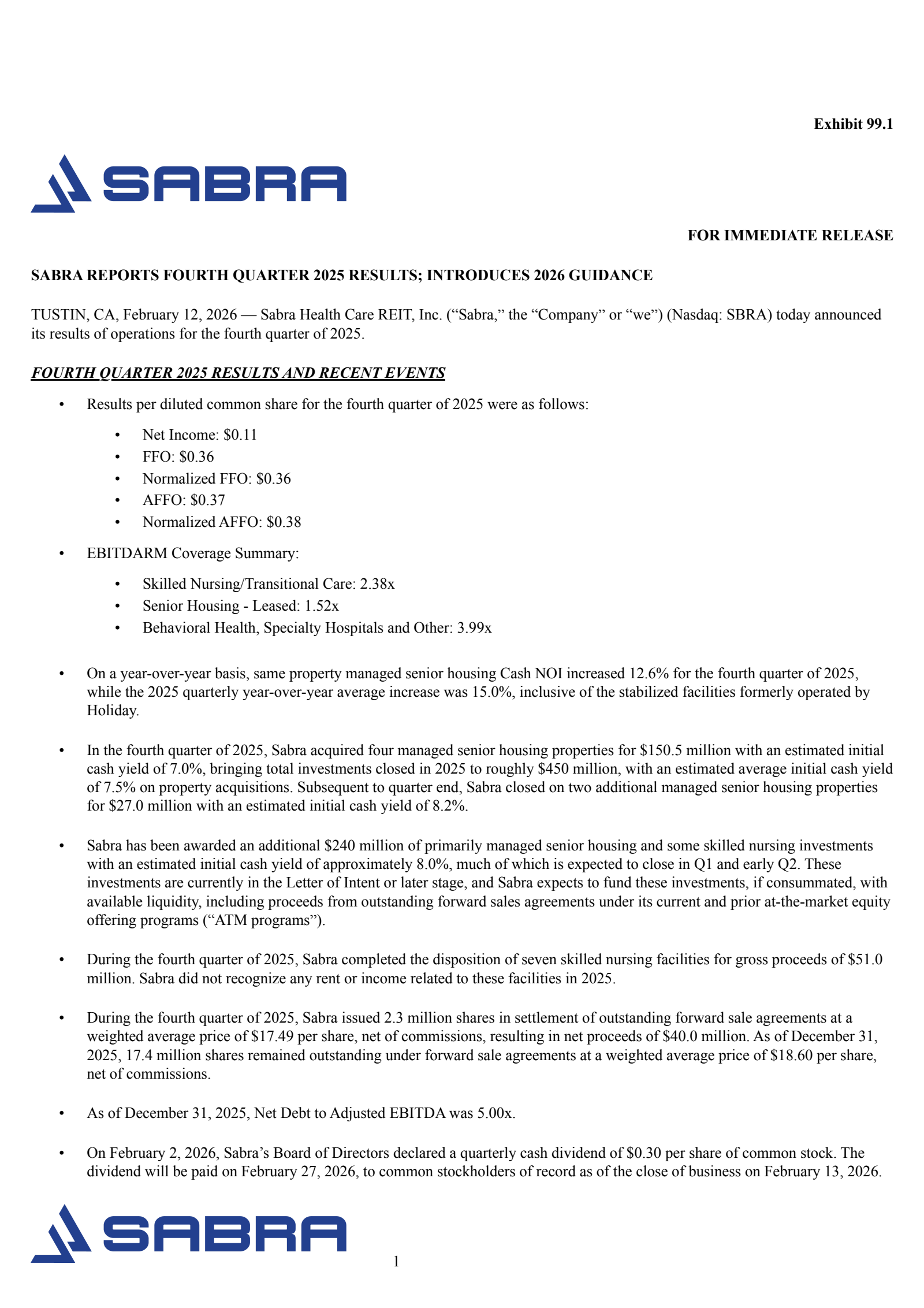 Sabra Healthcare REIT's Q4 2025 Press Release
