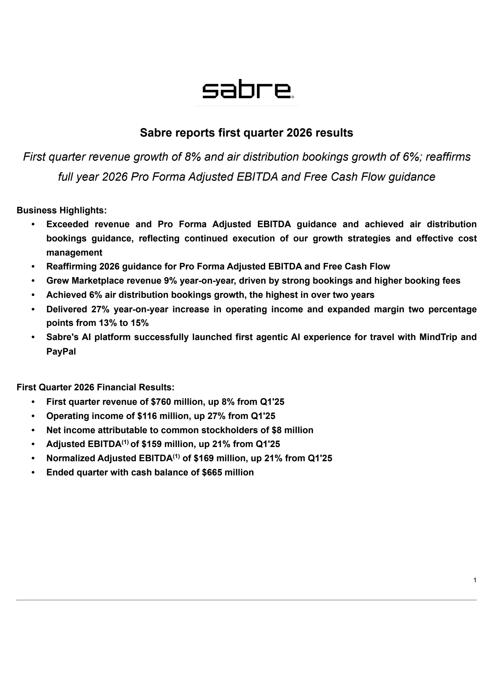 Sabre's Q1 2026 Press Release