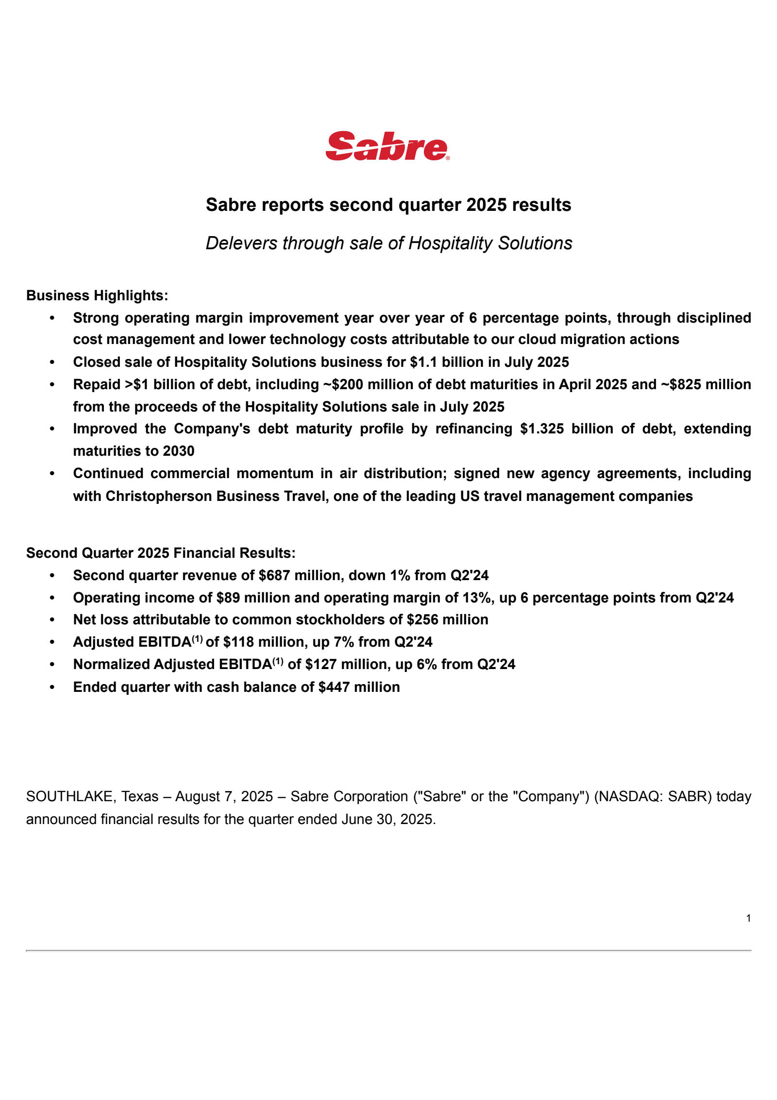Sabre's Q2 2025 Press Release