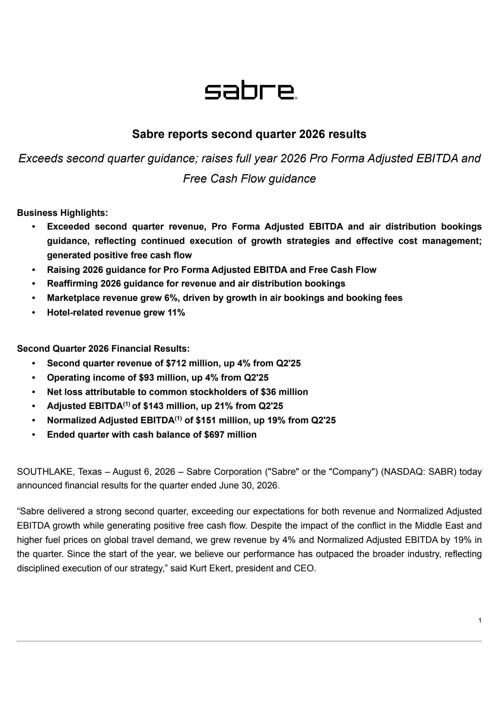 Sabre's Q2 2026 Press Release