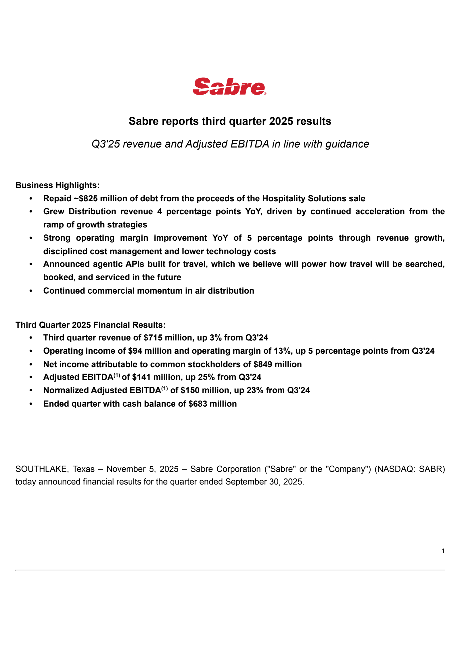 Sabre's Q3 2025 Earnings Release