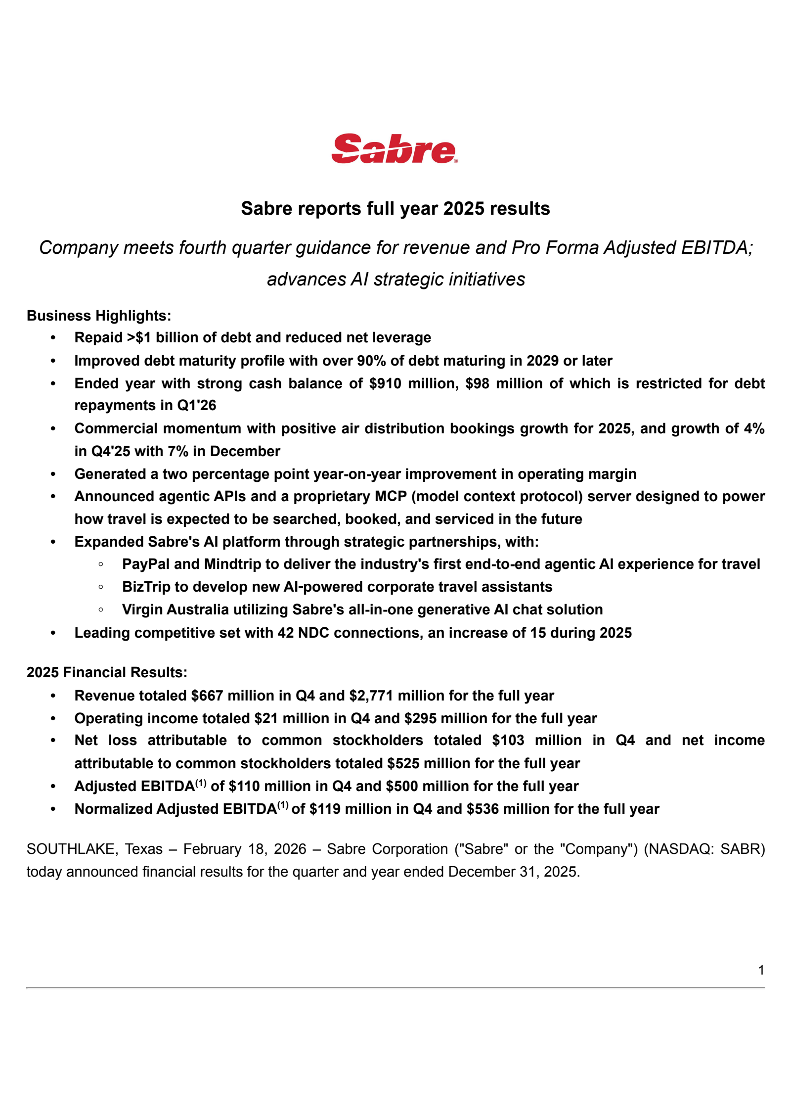 Sabre's Q4 2025 Press Release