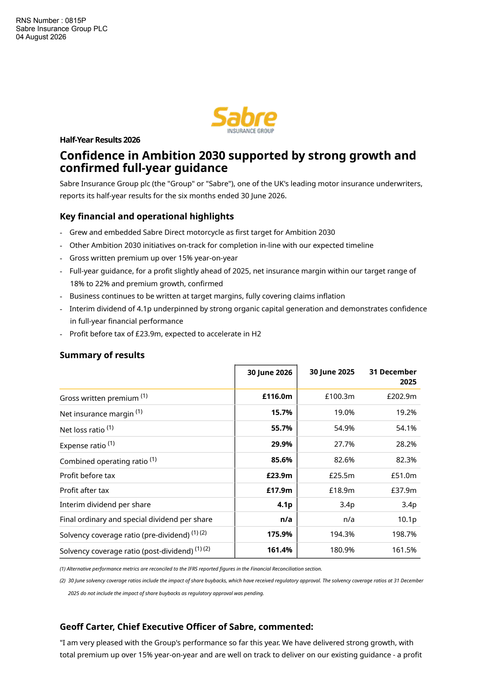 Sabre Insurance Group's H1 2026 Press Release