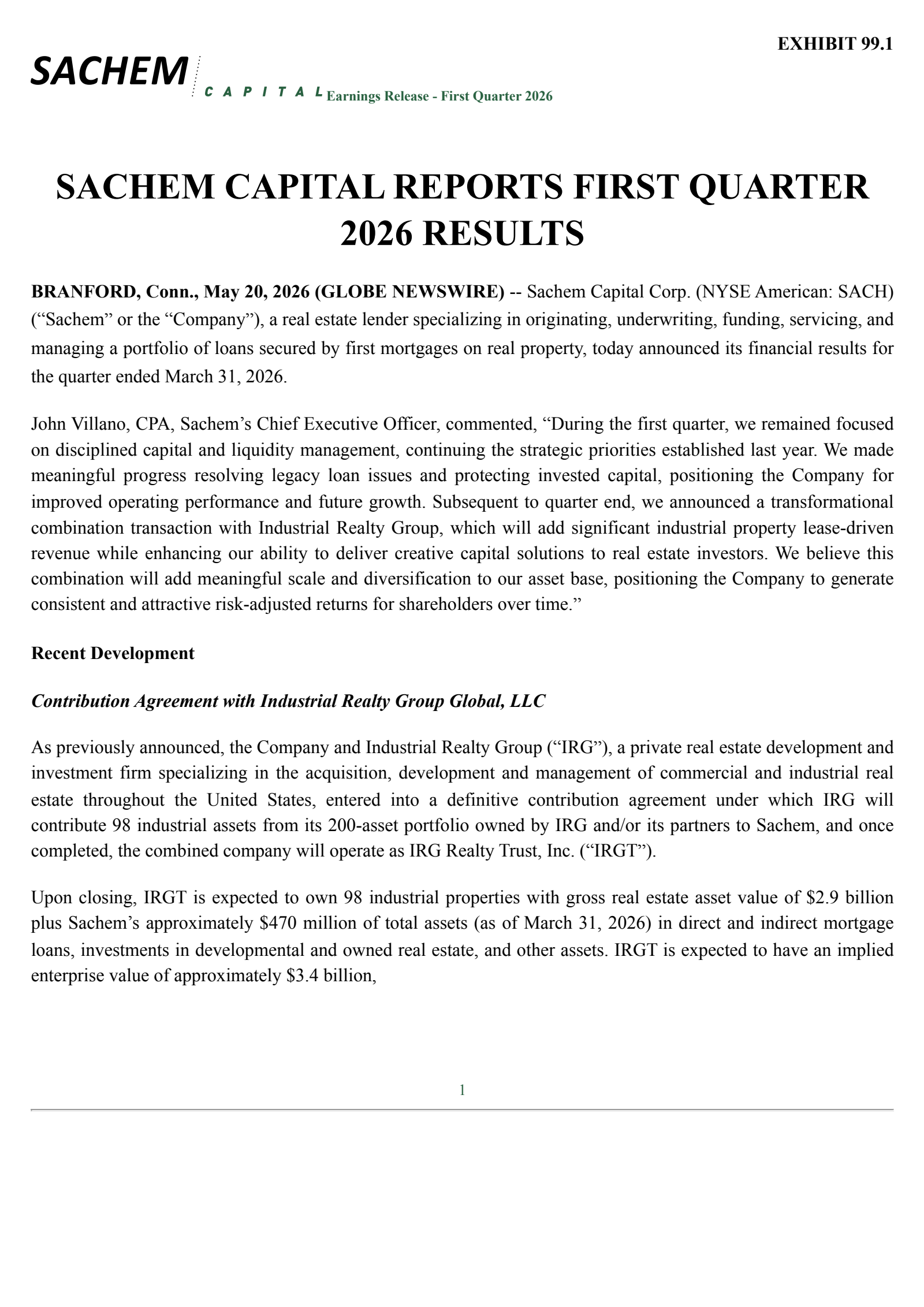 Sachem Capital's Q1 2026 Press Release