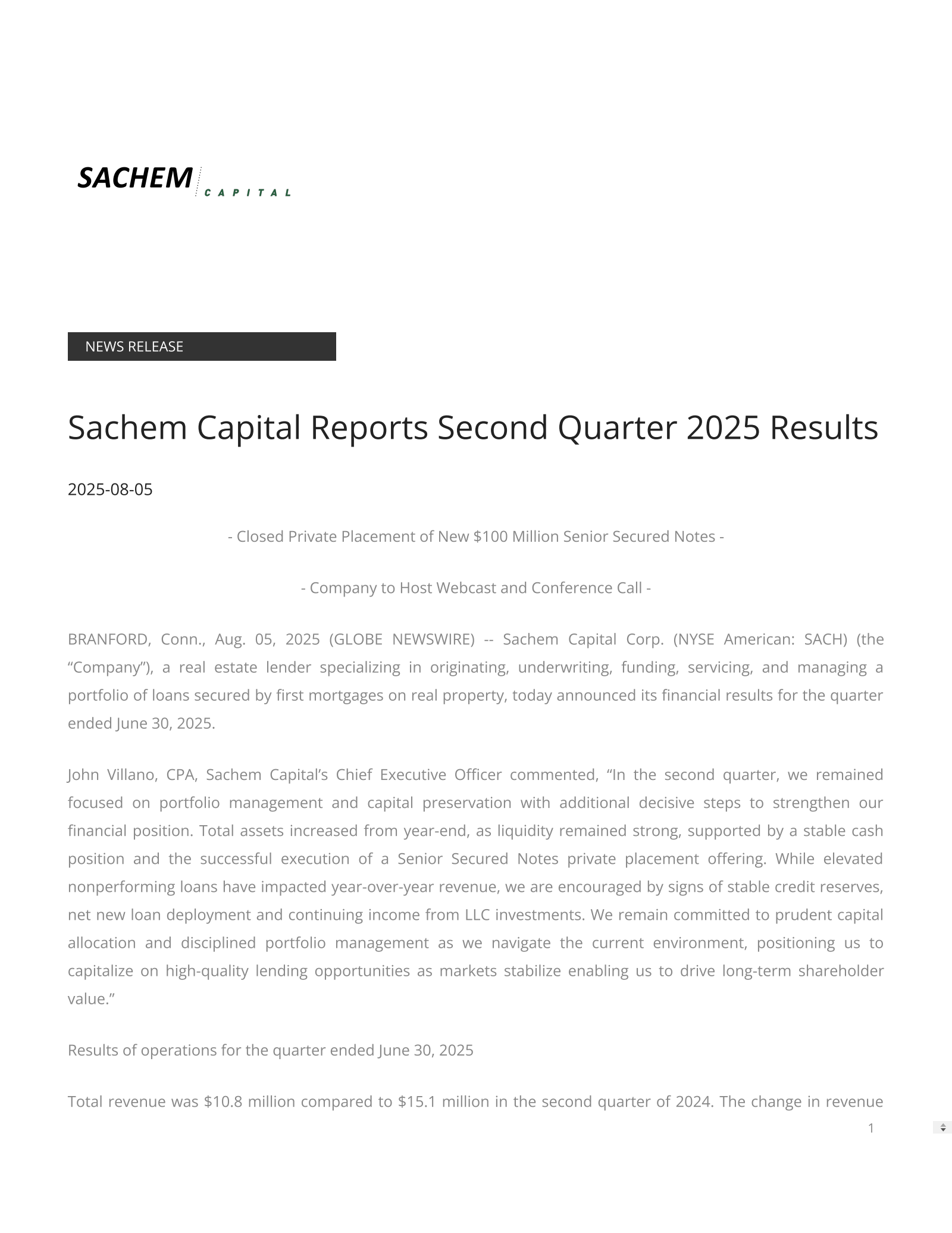 Sachem Capital's Q2 2025 Press Release