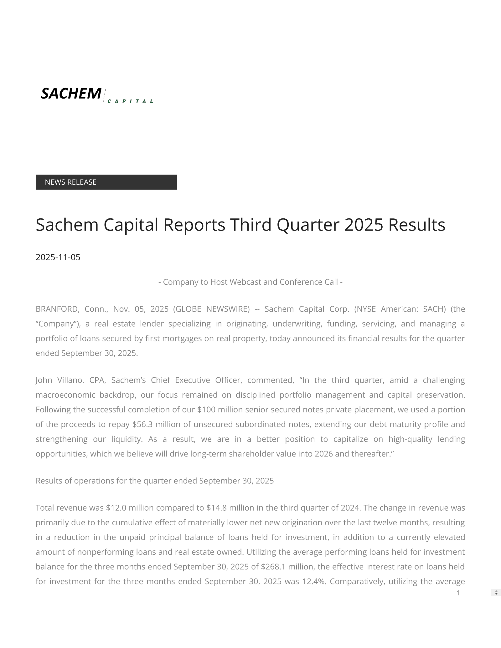 Sachem Capital's Q3 2025 Earnings Release