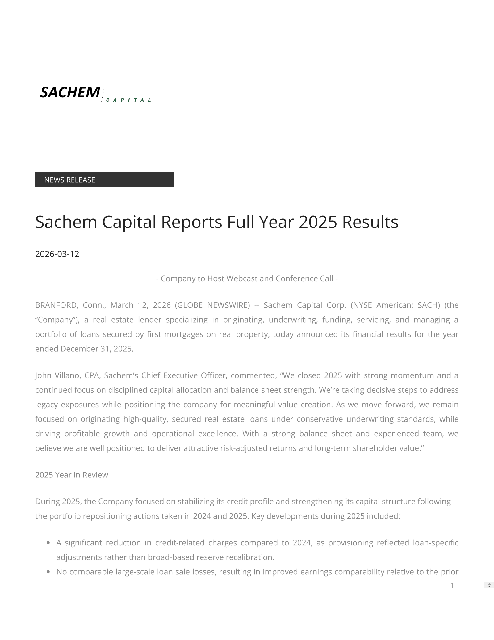 Sachem Capital's Q4 2025 Press Release